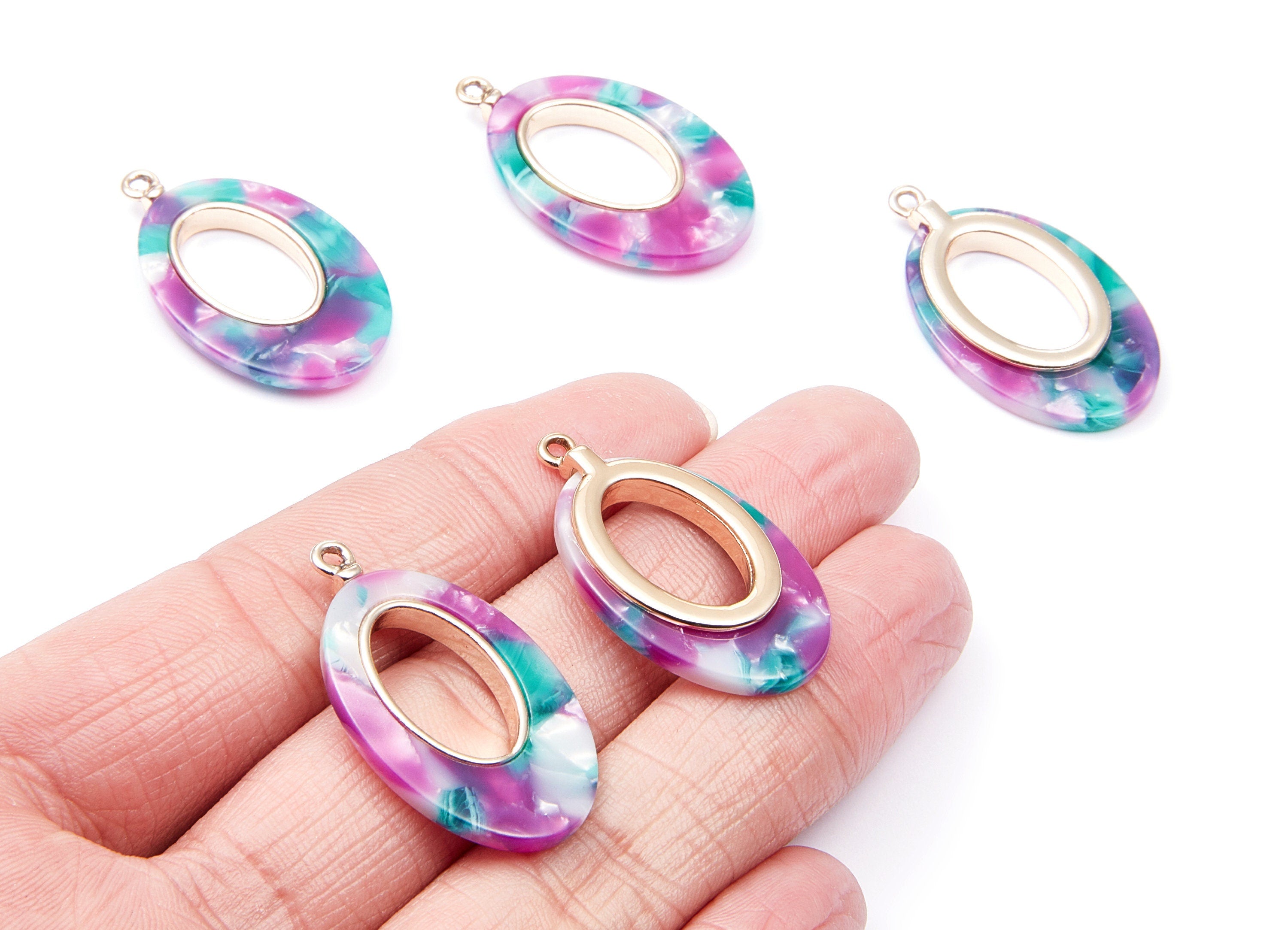 Alloy Frame Cellulose Acetate Charms - Acetate Acrylic Earring Charms - Marquise Shaped Pendant - 34.54x19.86x4.08mm - AC1183D - DOMEDBAZAAR