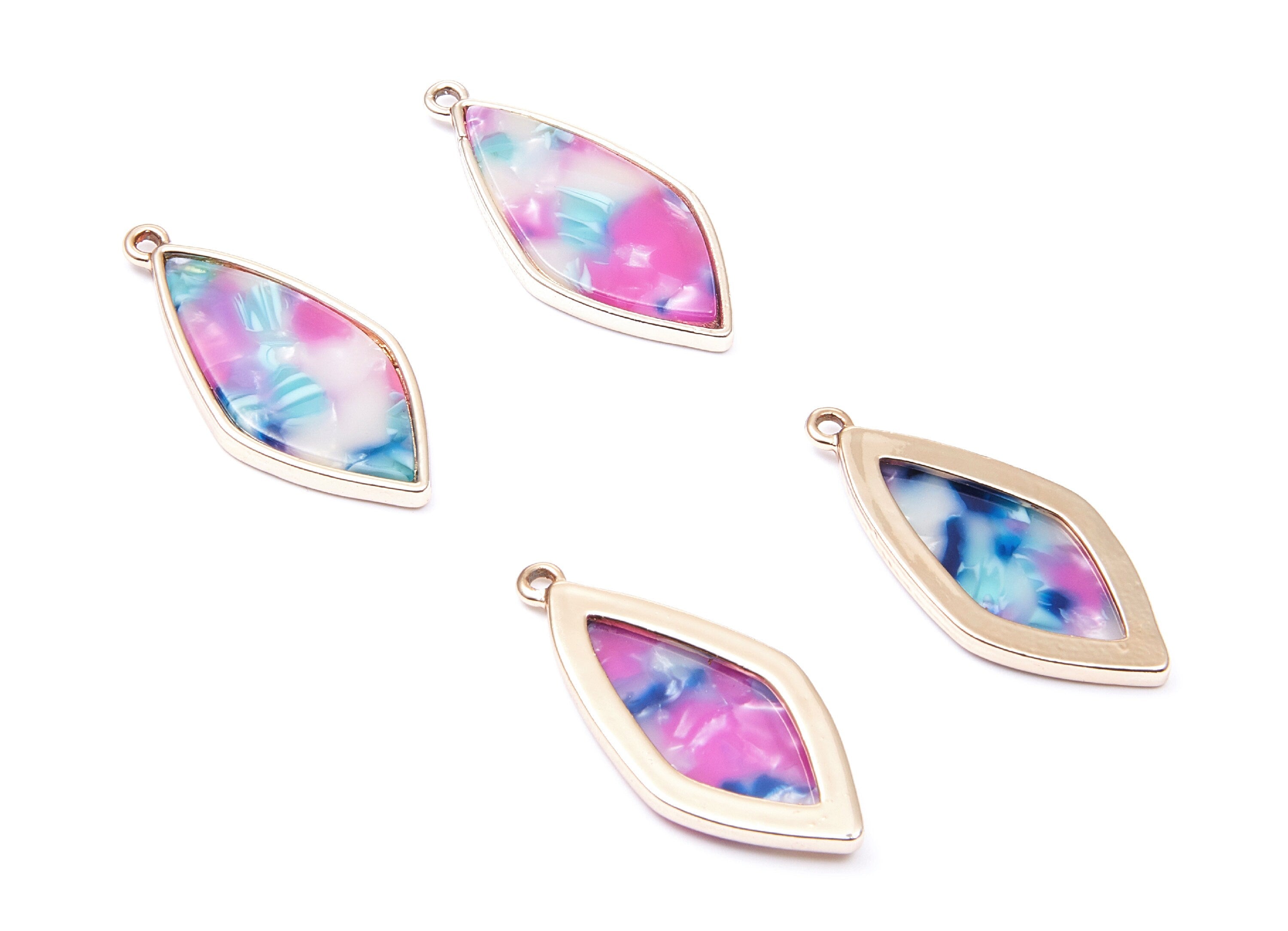 Alloy Frame Cellulose Acetate Charms - Acetate Acrylic Earring Charm - Rhombus Shaped Pendant -Jewelery Making- 40,55x18,37x2,85mm - AC1240A - DOMEDBAZAAR