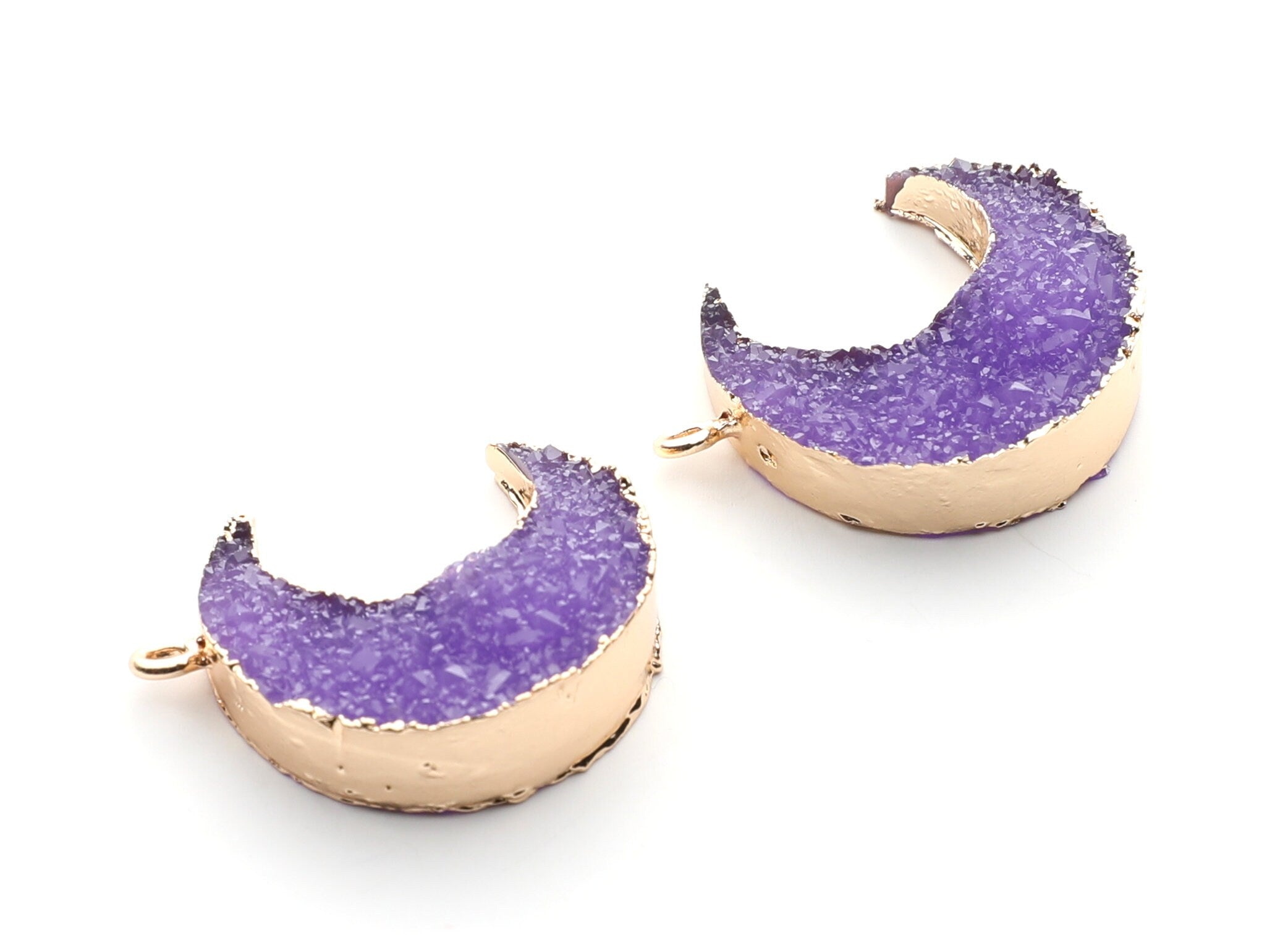 Druzy Earring Charms - Purple Resin Copper Earrings for Right Side - Big Moon Shaped Pendant  - 30.42x22.96x8.36mm - RC1002H - DOMEDBAZAAR