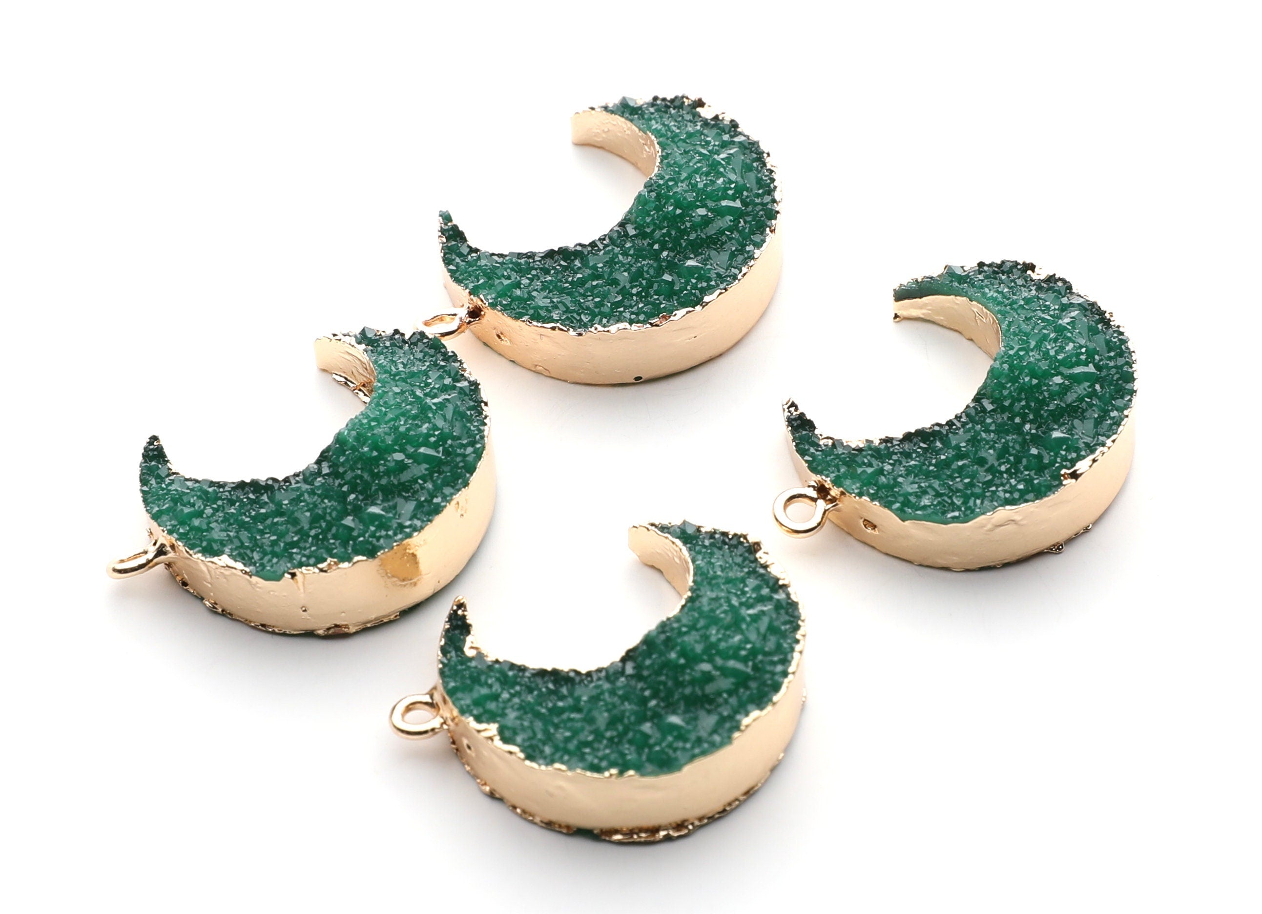 Druzy Earring Charms - Green Resin Copper Earrings for Right Side - Big Moon Shaped Pendant  - 30.42x22.96x8.36mm - RC1002P - DOMEDBAZAAR