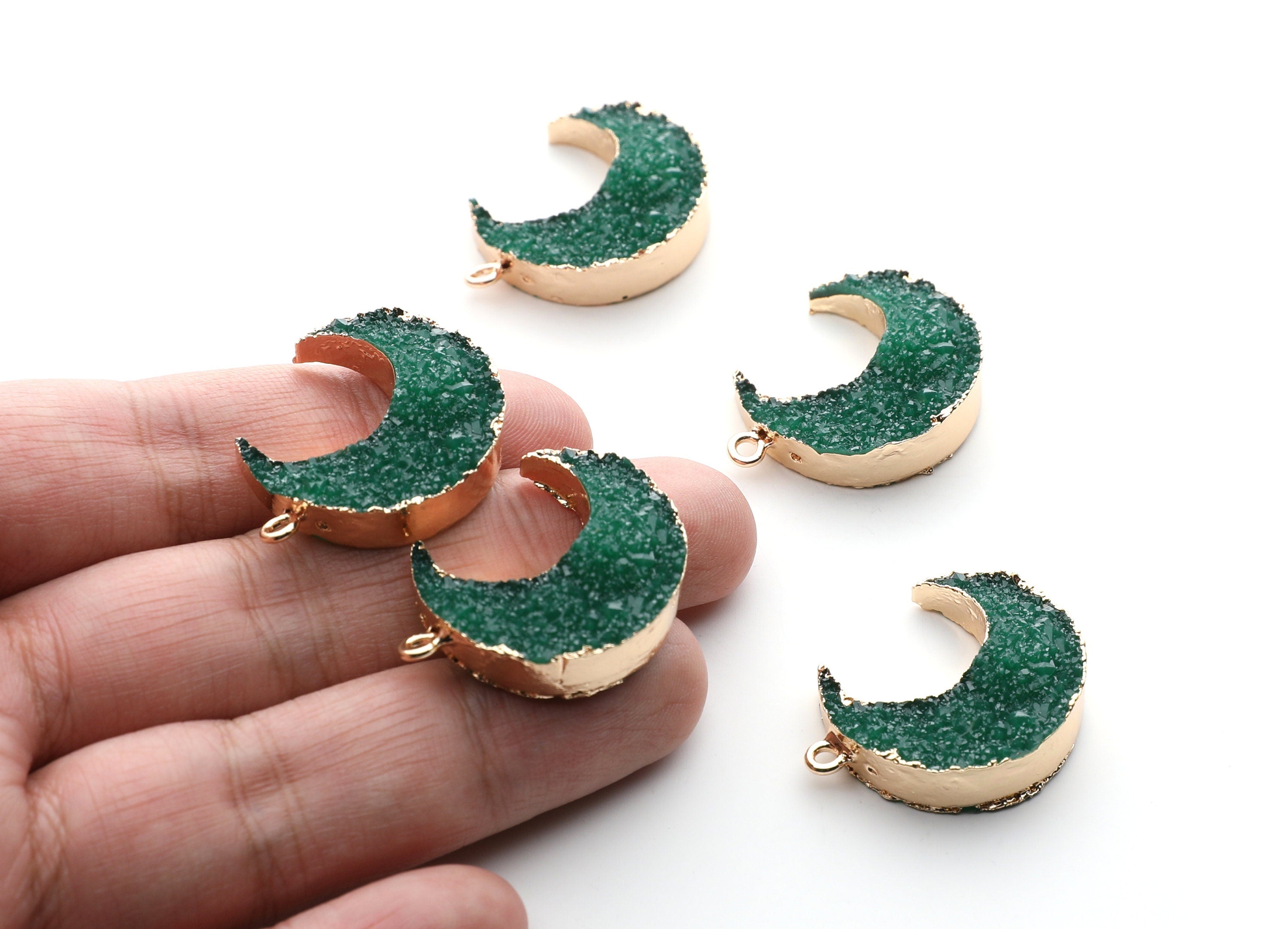 Druzy Earring Charms - Green Resin Copper Earrings for Right Side - Big Moon Shaped Pendant  - 30.42x22.96x8.36mm - RC1002P - DOMEDBAZAAR