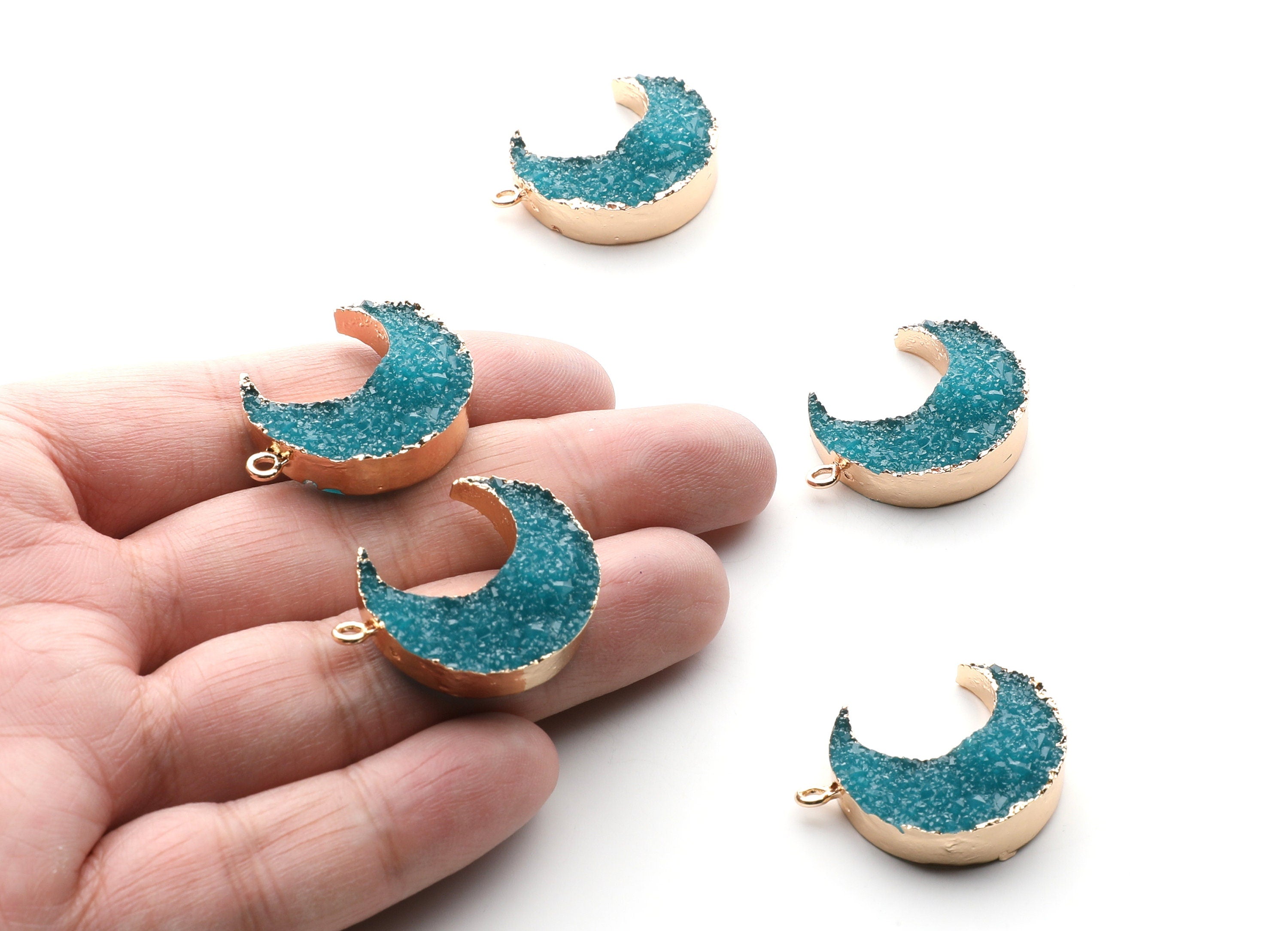 Druzy Earring Charms - Light Blue Resin Copper Earrings for Right Side - Big Moon Shaped Pendant  - 30.42x22.96x8.36mm - RC1002D - DOMEDBAZAAR