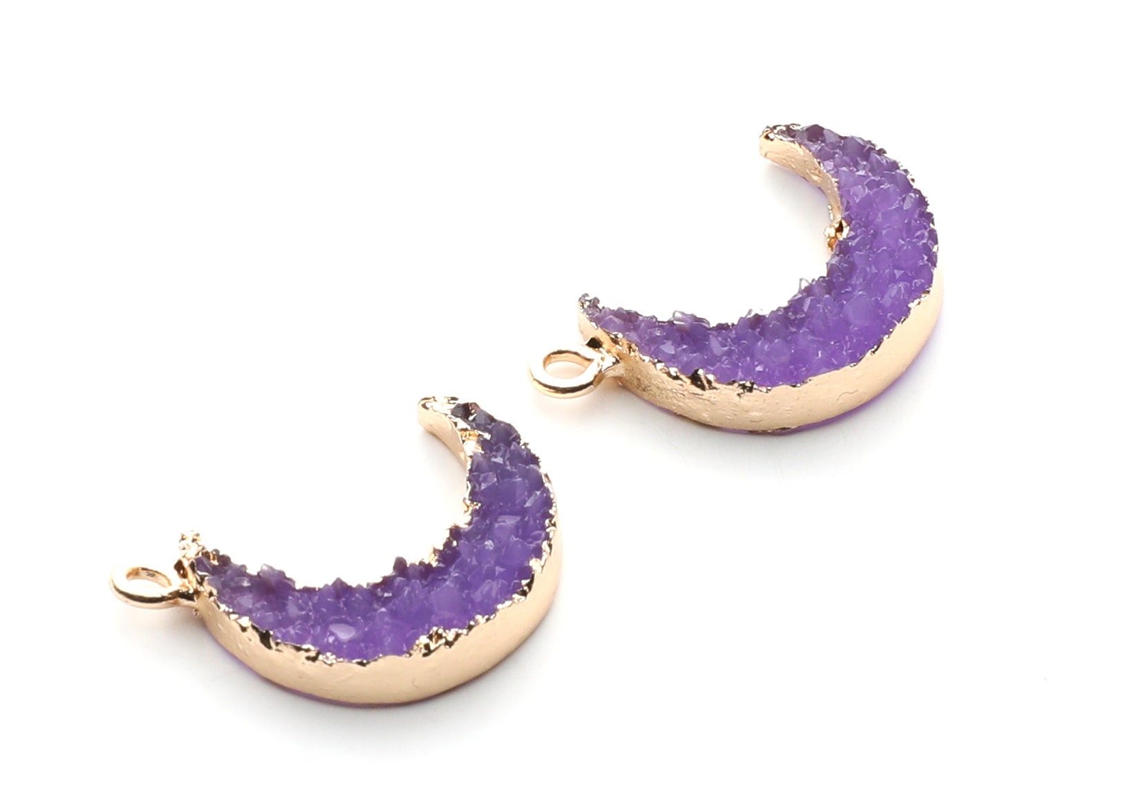 Druzy Earring Charms - Purple Resin Copper Earrings for Right Side - Moon Shaped Pendant  - 24.34x15.92x5.14mm - RC1007C - DOMEDBAZAAR
