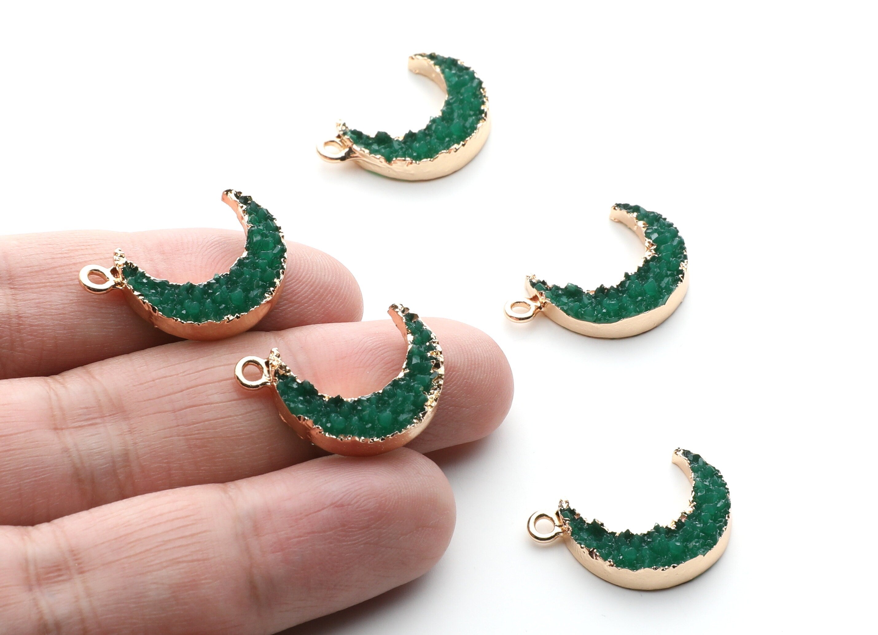 Druzy Earring Charms - Green Resin Copper Earrings for Right Side - Moon Shaped Pendant  - 24.34x15.92x5.14mm - RC1007N - DOMEDBAZAAR