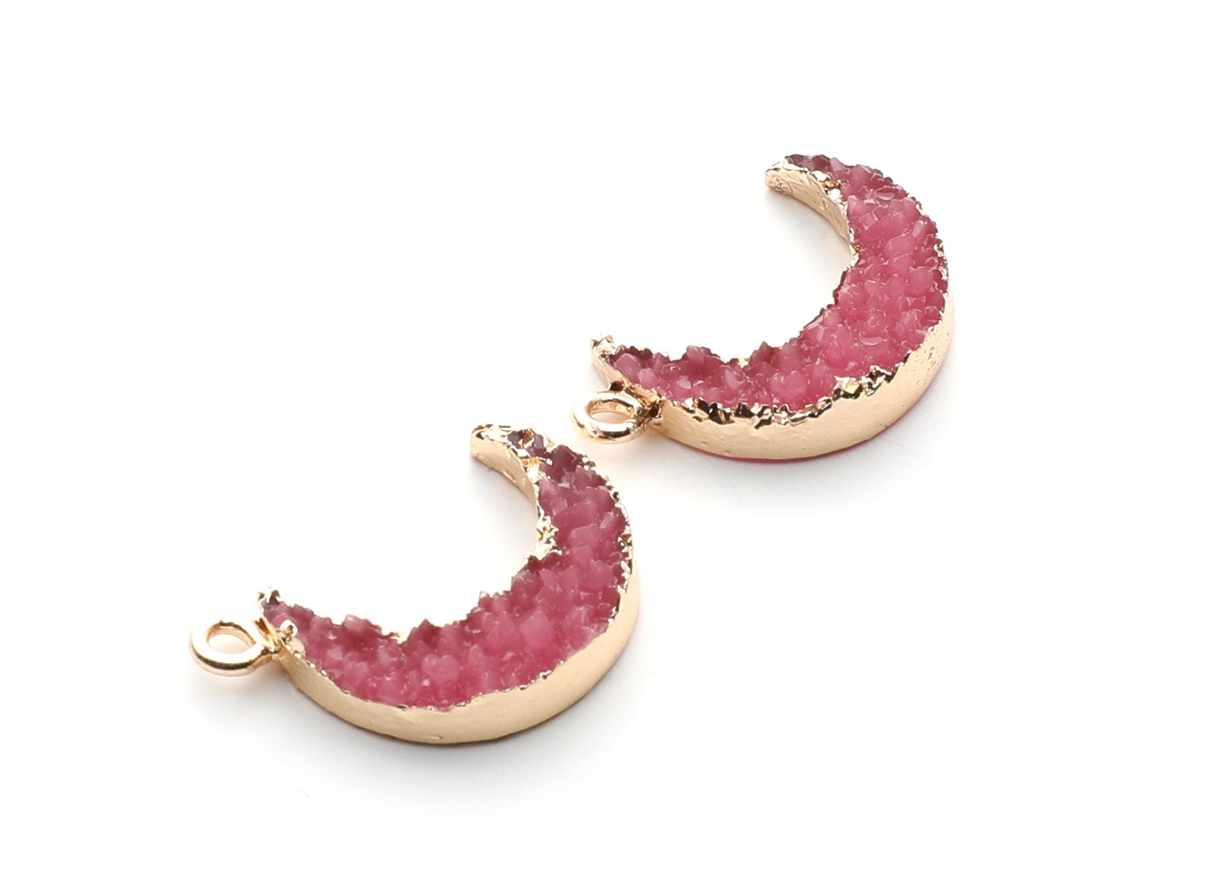 Druzy Earring Charms - Pink Resin Copper Earrings for Right Side - Moon Shaped Pendant  - 24.34x15.92x5.14mm - RC1007J - DOMEDBAZAAR