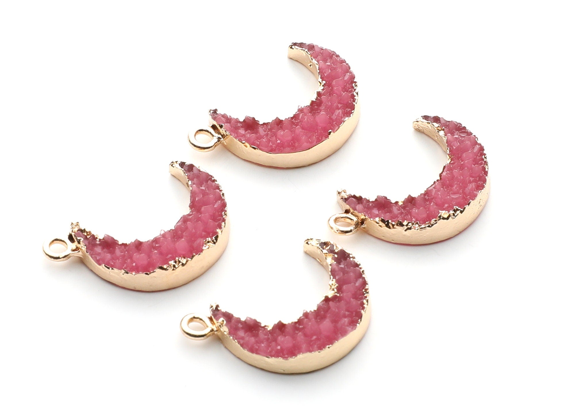 Druzy Earring Charms - Pink Resin Copper Earrings for Right Side - Moon Shaped Pendant  - 24.34x15.92x5.14mm - RC1007J - DOMEDBAZAAR