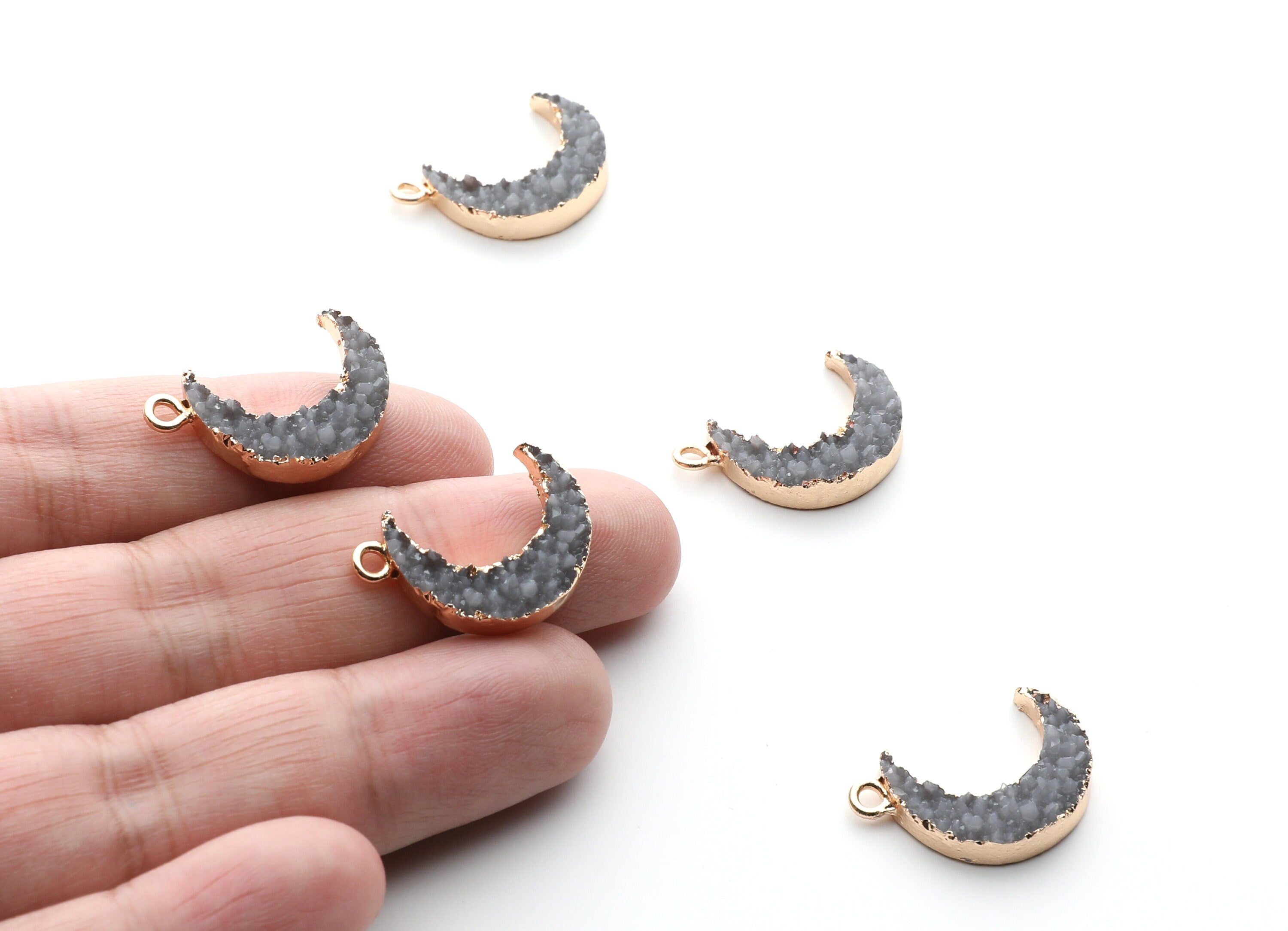 Druzy Earring Charms - Gray Resin Copper Earrings for Right Side - Moon Shaped Pendant  - 24.34x15.92x5.14mm - RC1007A - DOMEDBAZAAR