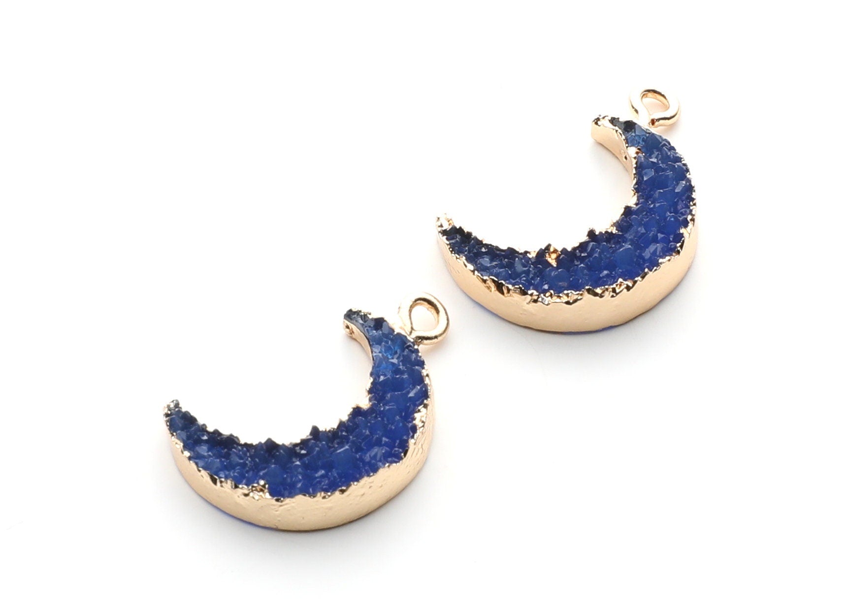 Druzy Earring Charms - Dark Blue Resin Copper Earrings for Left Side - Moon Shaped Pendant  - 23.5x15.6x5.27mm - RC1006A - DOMEDBAZAAR