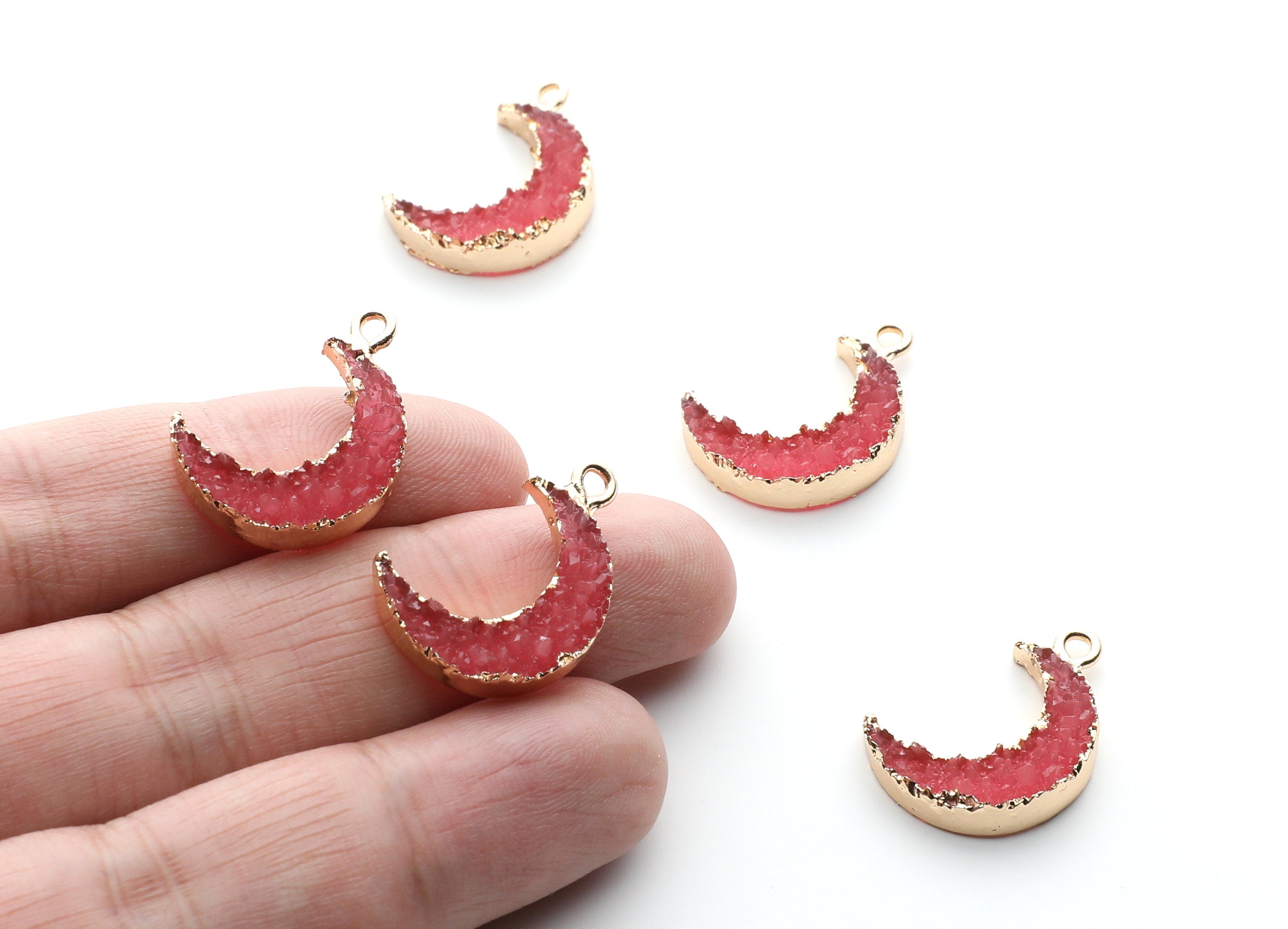 Druzy Earring Charms - Dark Pink Resin Copper Earrings for Left Side - Moon Shaped Pendant  - 23.5x15.6x5.27mm - RC1006O - DOMEDBAZAAR