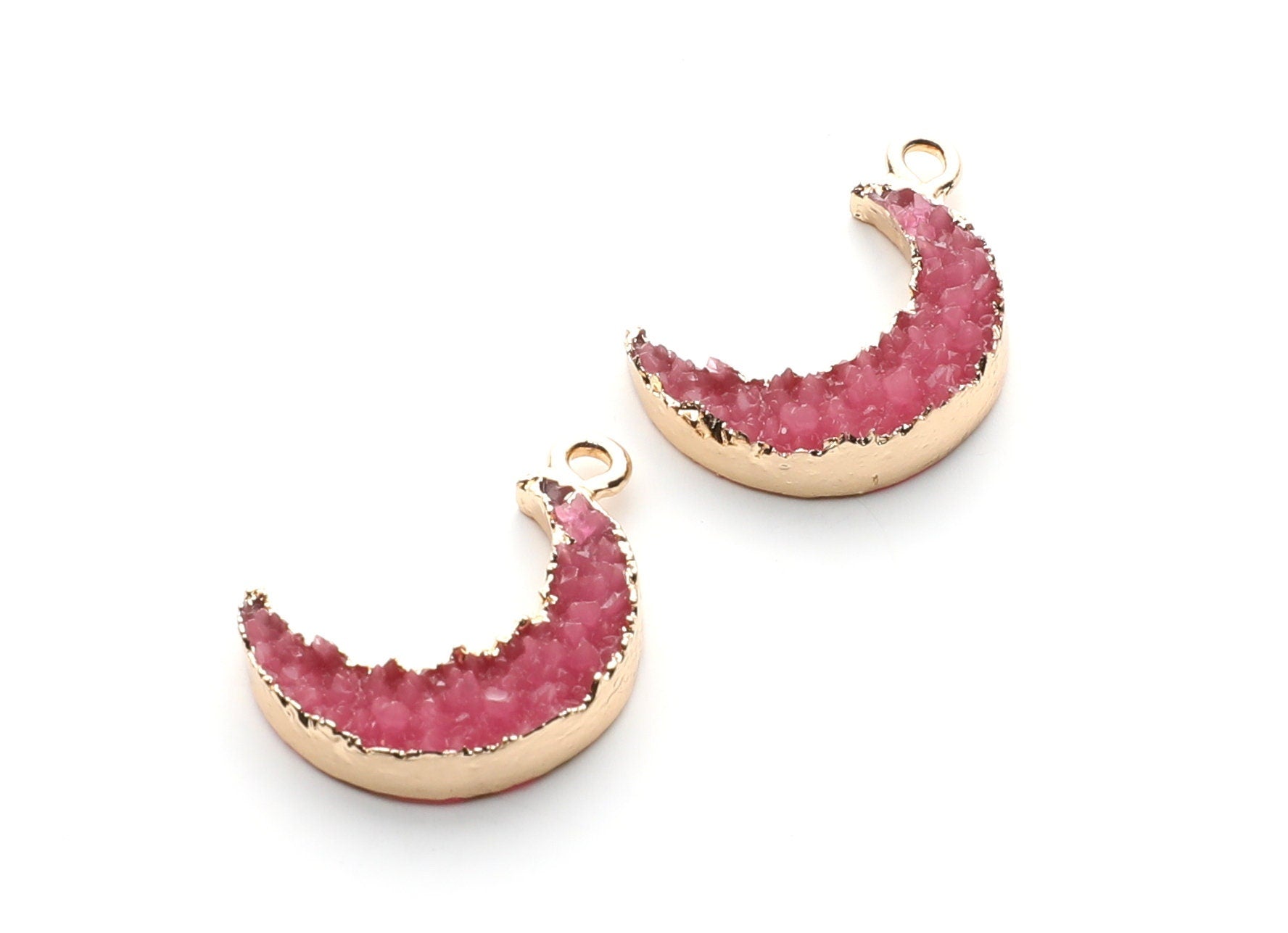 Druzy Earring Charms - Dark Pink Resin Copper Earrings for Left Side - Moon Shaped Pendant  - 23.5x15.6x5.27mm - RC1006K - DOMEDBAZAAR