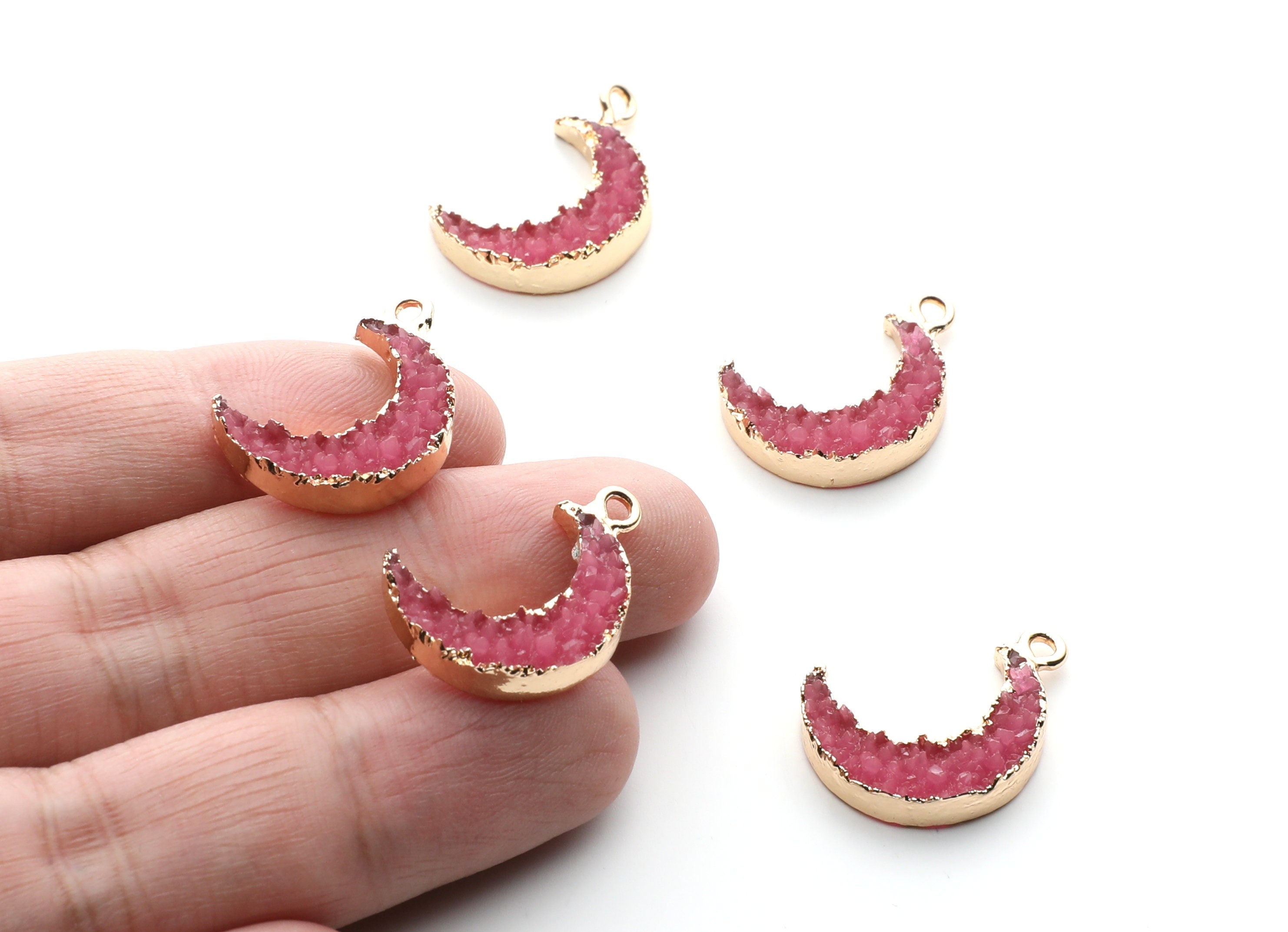 Druzy Earring Charms - Dark Pink Resin Copper Earrings for Left Side - Moon Shaped Pendant  - 23.5x15.6x5.27mm - RC1006K - DOMEDBAZAAR