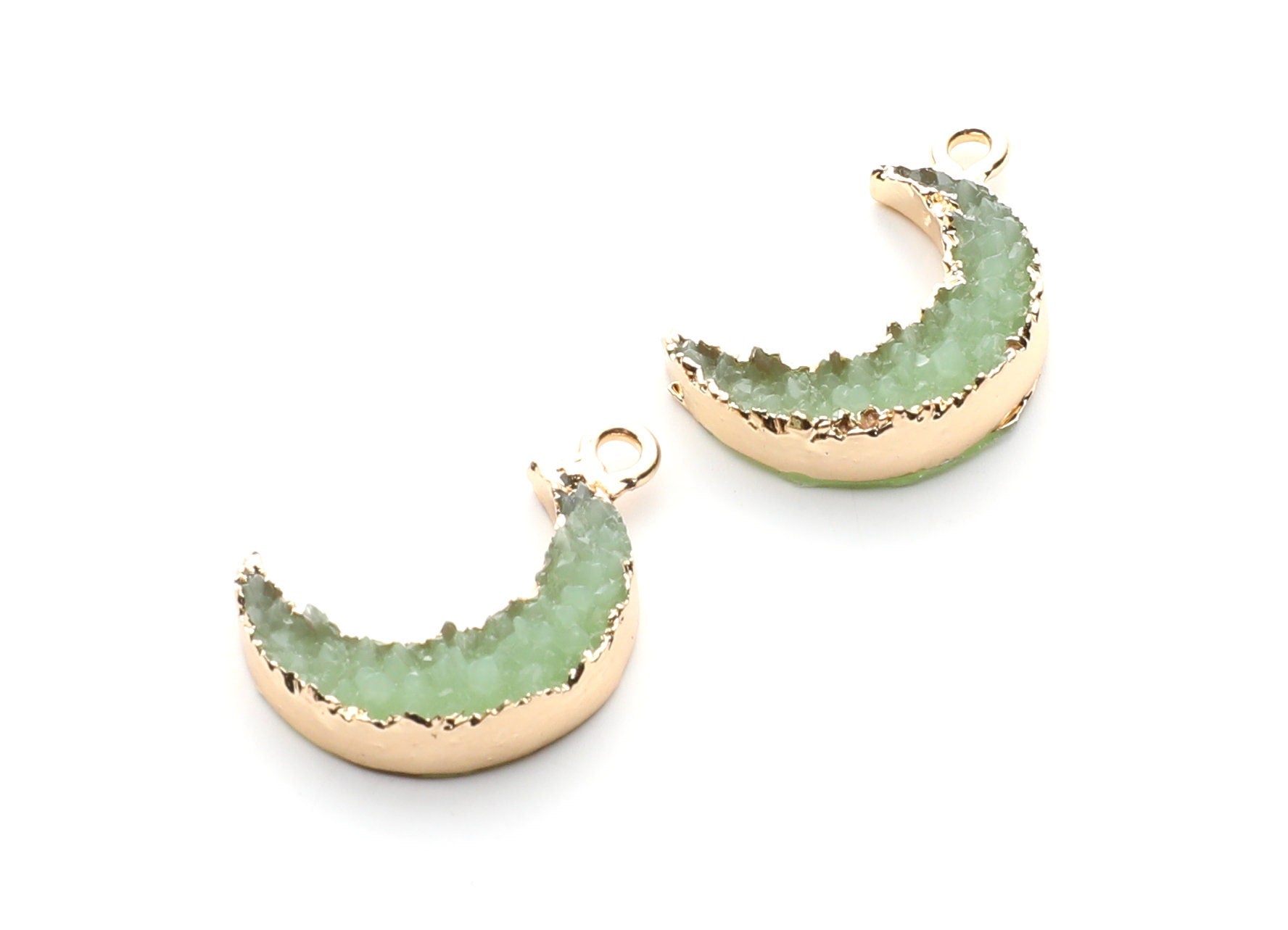 Druzy Earring Charms - Light Green Resin Copper Earrings for Left Side - Moon Shaped Pendant  - 23.5x15.6x5.27mm - RC1006J - DOMEDBAZAAR