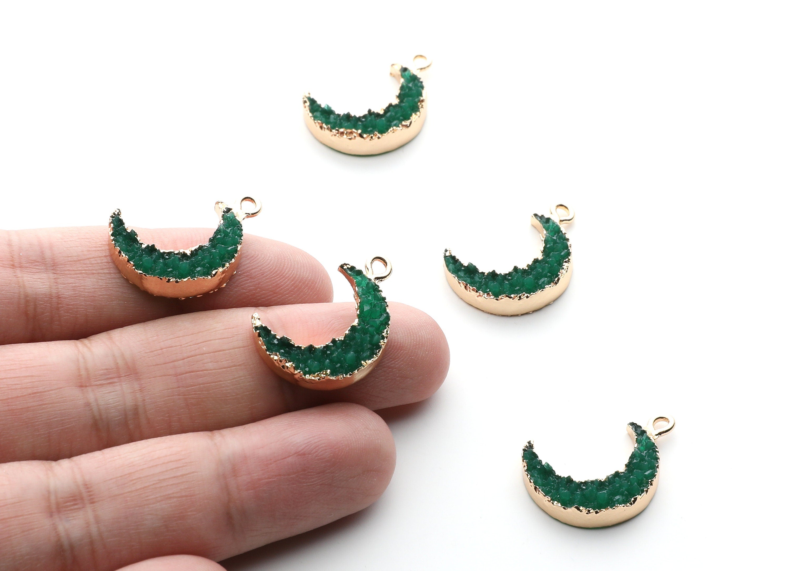 Druzy Earring Charms - Green Resin Copper Earrings for Left Side - Moon Shaped Pendant  - 23.5x15.6x5.27mm - RC1006G - DOMEDBAZAAR