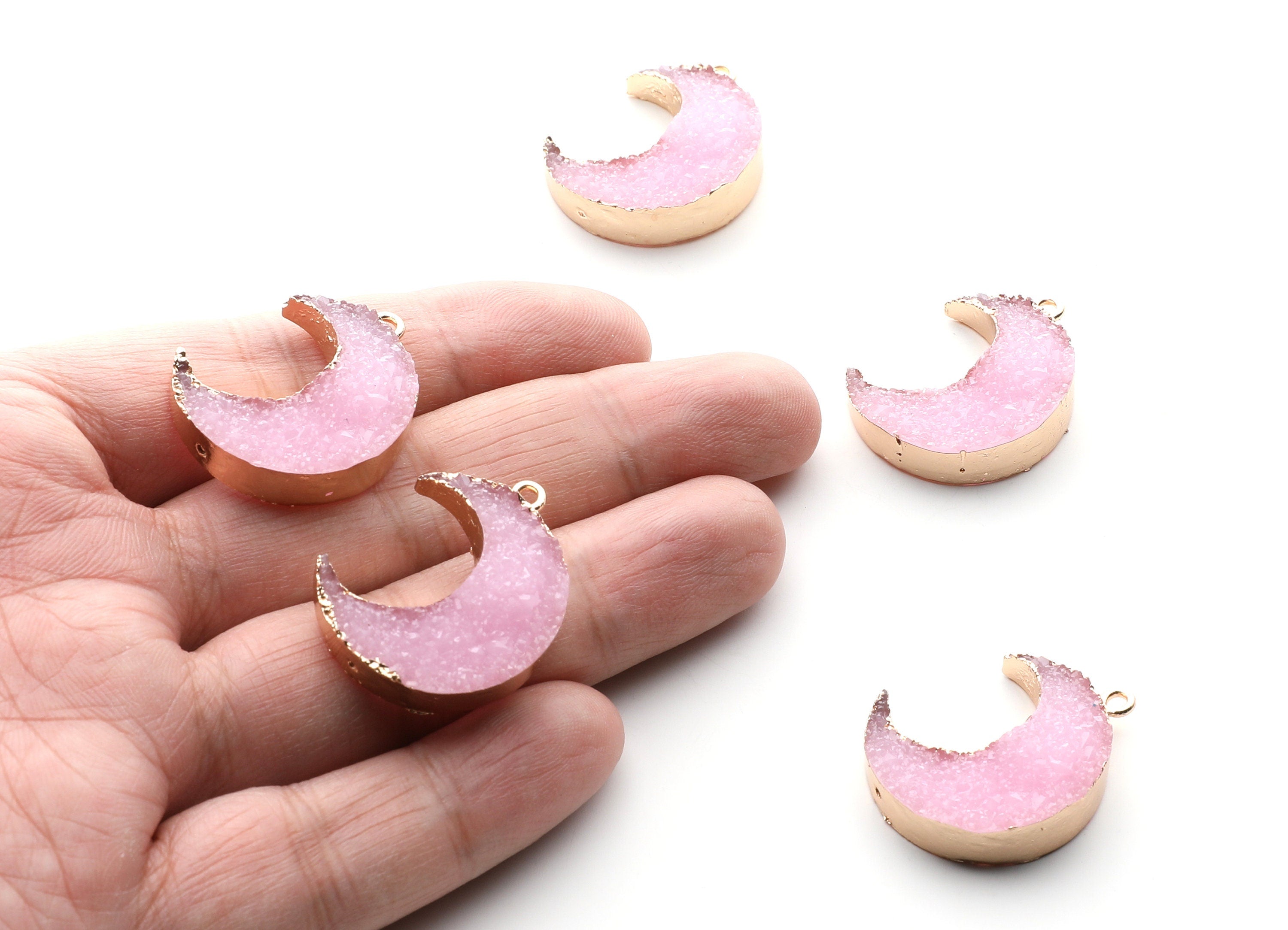 Druzy Earring Charms - Pink Resin Copper Earrings for Left Side - Big Moon Shaped Pendant  - 30.42x22.96x8.36mm - RC1004F - DOMEDBAZAAR