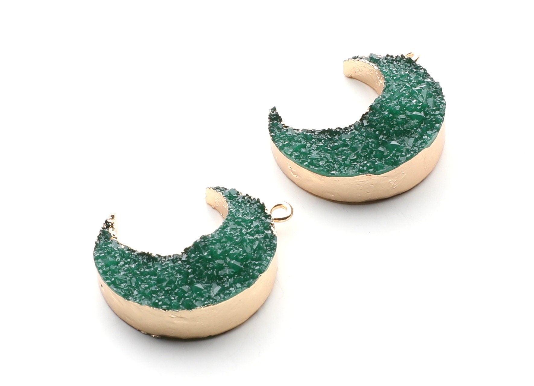 Druzy Earring Charms - Green Resin Copper Earrings for Left Side - Big Moon Shaped Pendant  - 30.42x22.96x8.36mm - RC1004K - DOMEDBAZAAR