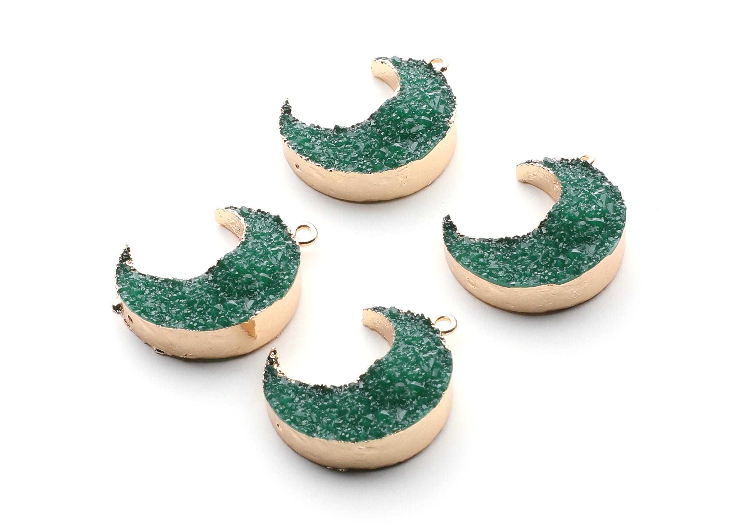 Druzy Earring Charms - Green Resin Copper Earrings for Left Side - Big Moon Shaped Pendant  - 30.42x22.96x8.36mm - RC1004K - DOMEDBAZAAR