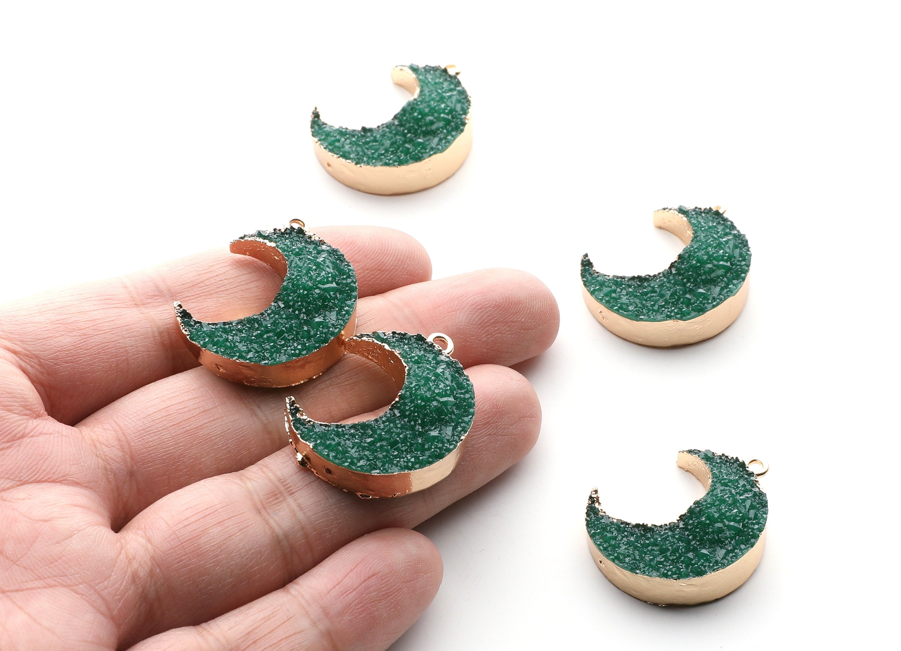 Druzy Earring Charms - Green Resin Copper Earrings for Left Side - Big Moon Shaped Pendant  - 30.42x22.96x8.36mm - RC1004K - DOMEDBAZAAR