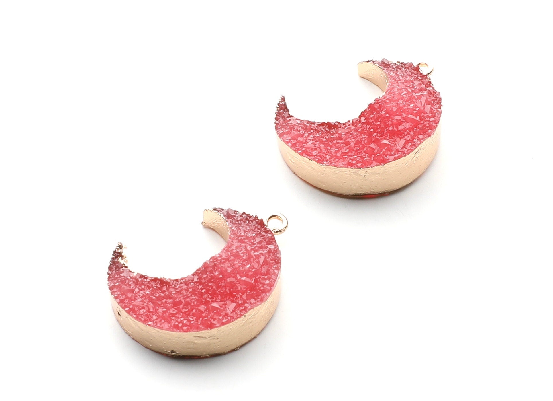 Druzy Earring Charms - Dark Pink Resin Copper Earrings for Left Side - Big Moon Shaped Pendant  - 30.42x22.96x8.36mm - RC1004N - DOMEDBAZAAR