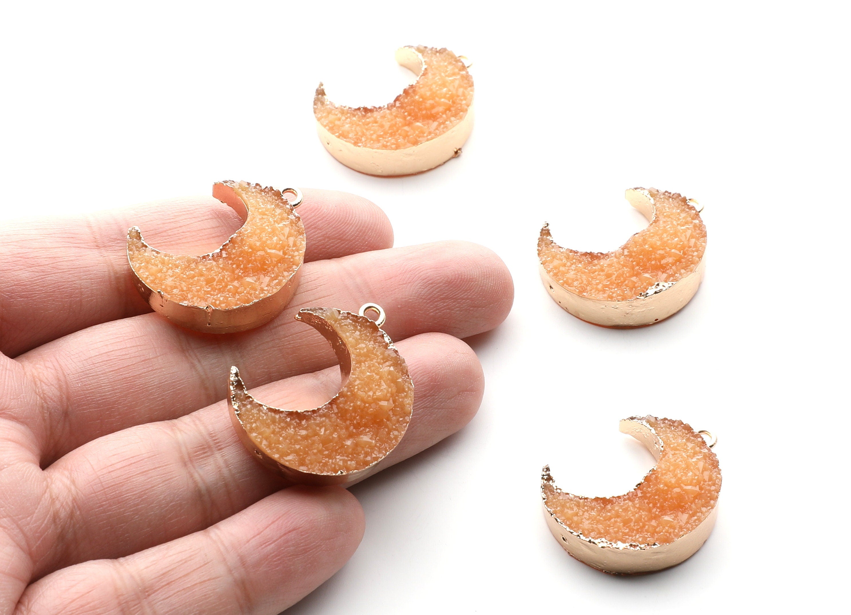 Druzy Earring Charms - Orange Resin Copper Earrings for Left Side - Big Moon Shaped Pendant  - 30.42x22.96x8.36mm - RC1004O - DOMEDBAZAAR