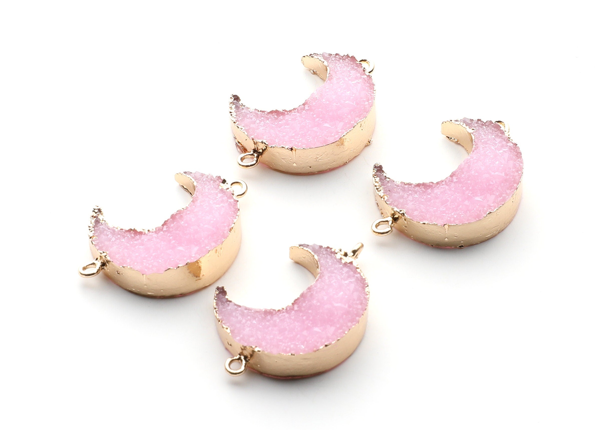 Druzy Bracelet and Necklace Charms - Light Pink Resin Copper Bracelet and Necklace - Big Moon Shaped Pendant - 34x23.4x8.5mm - RC1003A - DOMEDBAZAAR