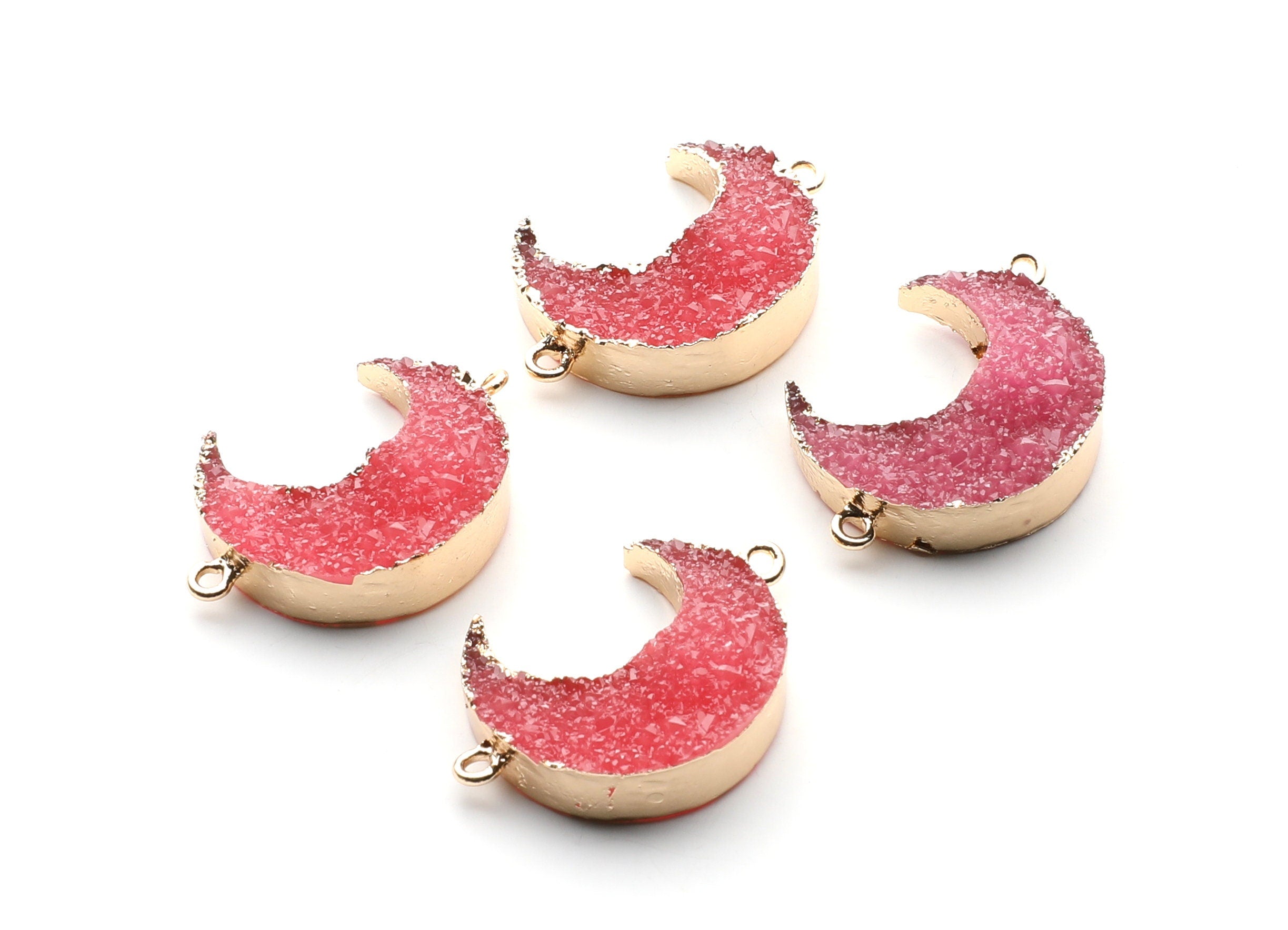 Druzy Bracelet and Necklace Charms - Dark Pink Resin Copper Bracelet and Necklace - Big Moon Shaped Pendant - 34x23.4x8.5mm - RC1003B - DOMEDBAZAAR