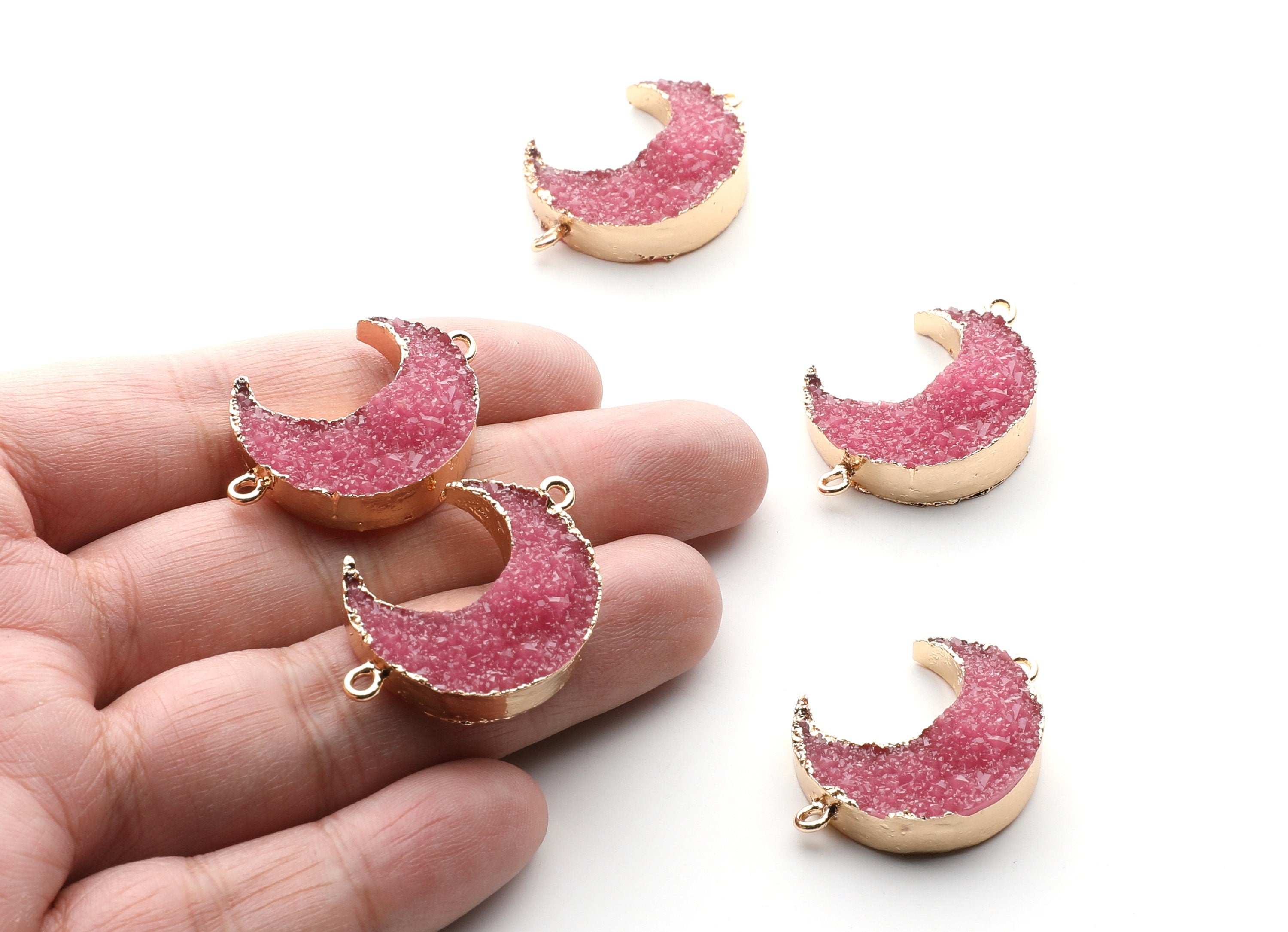 Druzy Bracelet and Necklace Charms - Dark Pink Resin Copper Bracelet and Necklace - Big Moon Shaped Pendant - 34x23.4x8.5mm - RC1003C - DOMEDBAZAAR