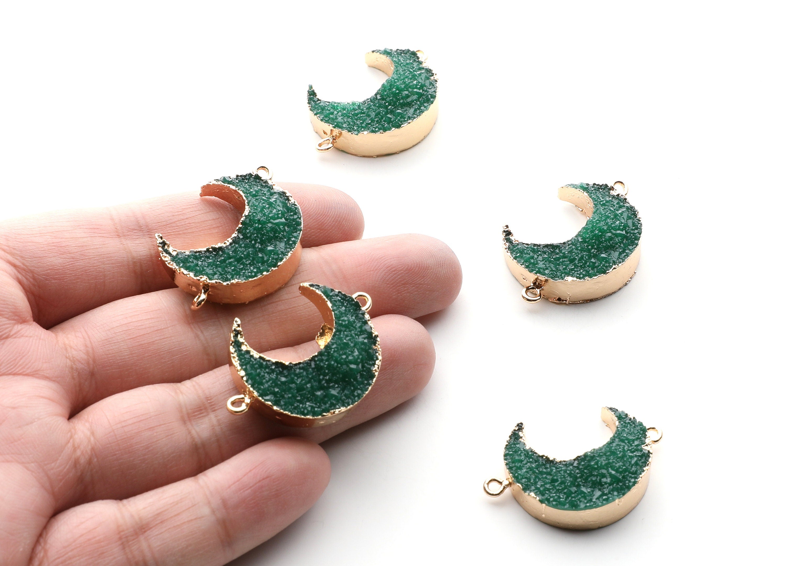 Druzy Bracelet and Necklace Charms - Dark Green Resin Copper Bracelet and Necklace - Big Moon Shaped Pendant - 34x23.4x8.5mm - RC1003D - DOMEDBAZAAR
