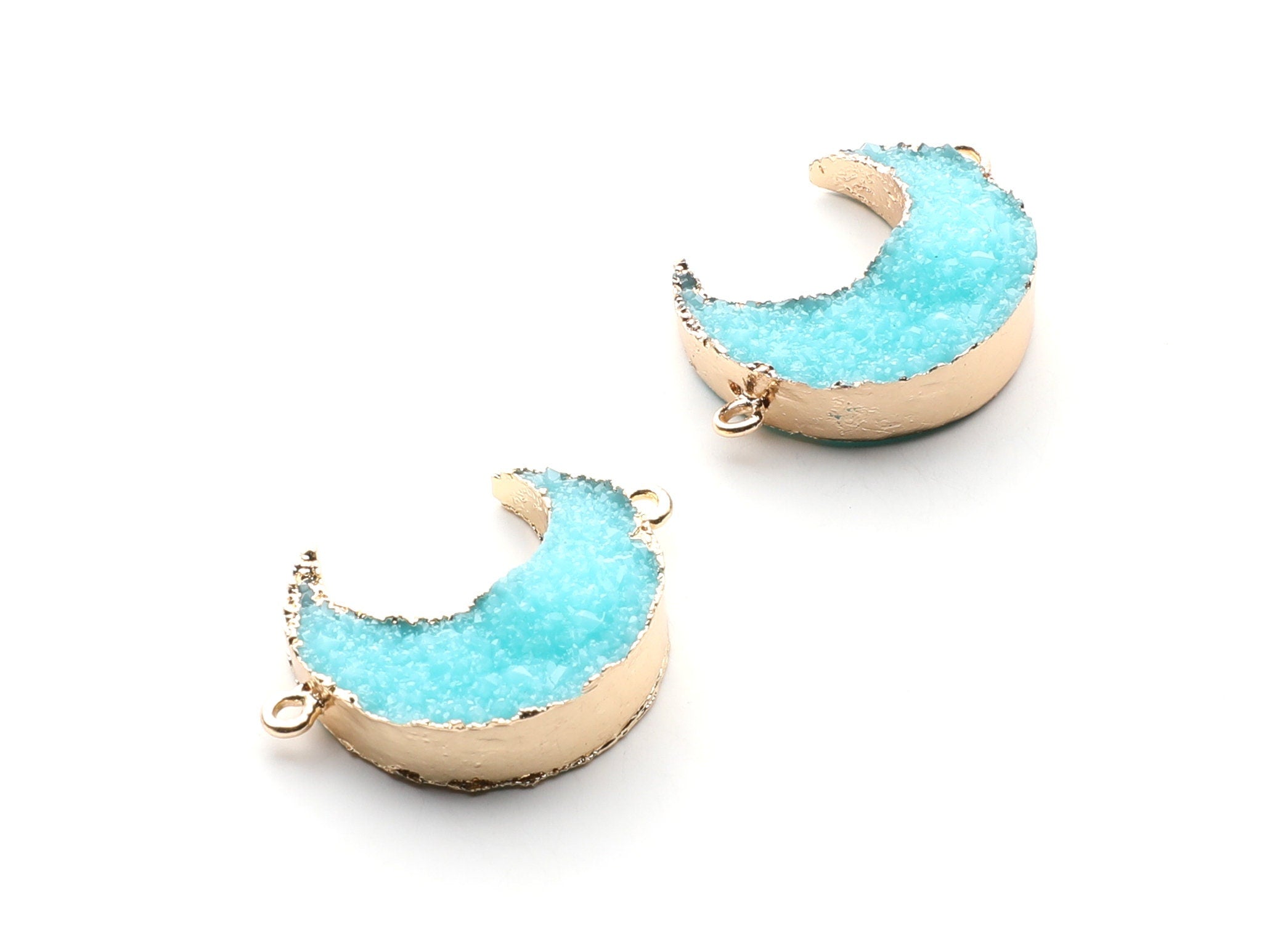 Druzy Bracelet and Necklace Charms - Light Blue Resin Copper Bracelet and Necklace - Big Moon Shaped Pendant - 34x23.4x8.5mm - RC1003E - DOMEDBAZAAR