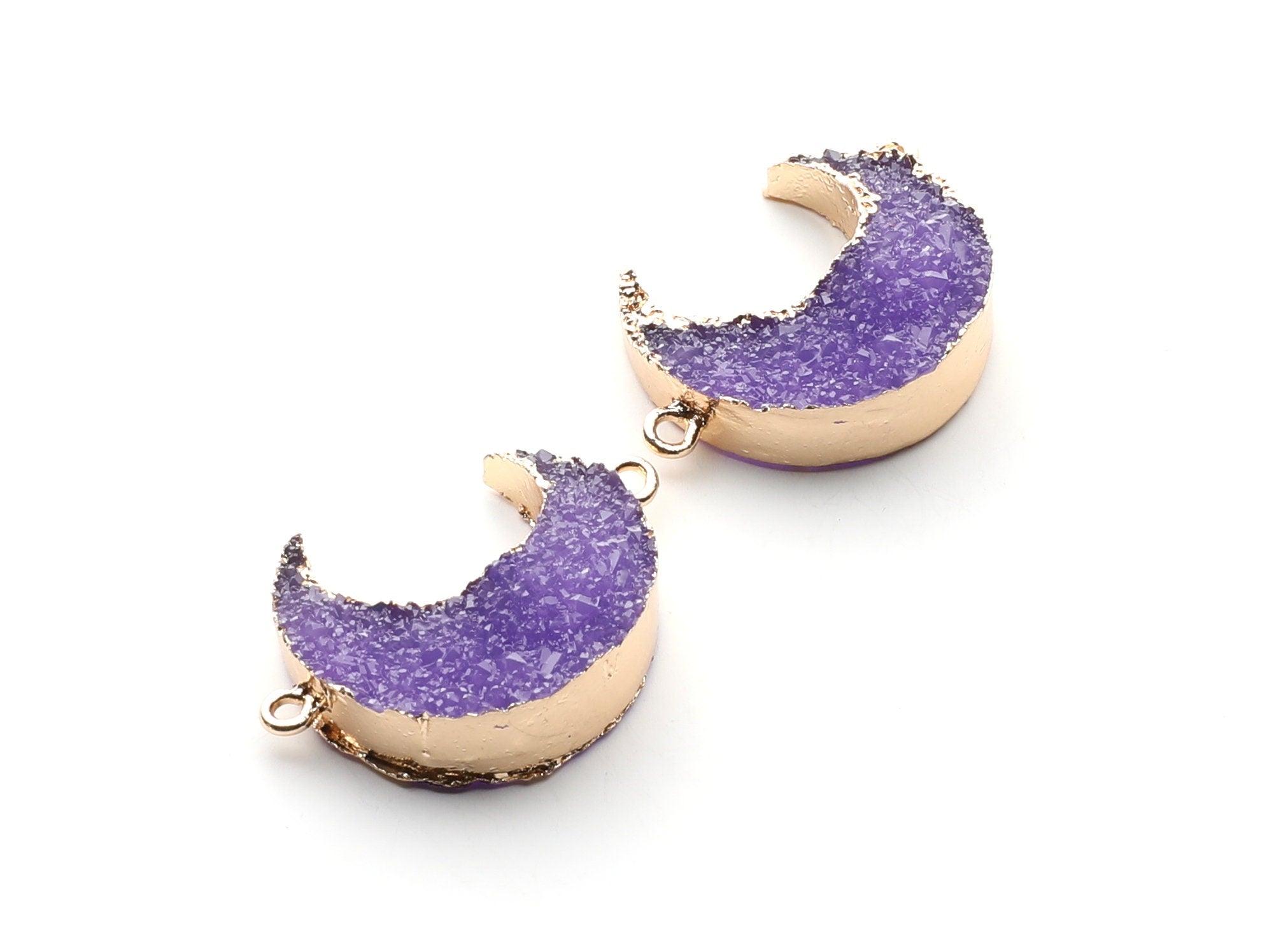Druzy Bracelet and Necklace Charms - Purple Resin Copper Bracelet and Necklace - Big Moon Shaped Pendant - 34x23.4x8.5mm - RC1003H - DOMEDBAZAAR