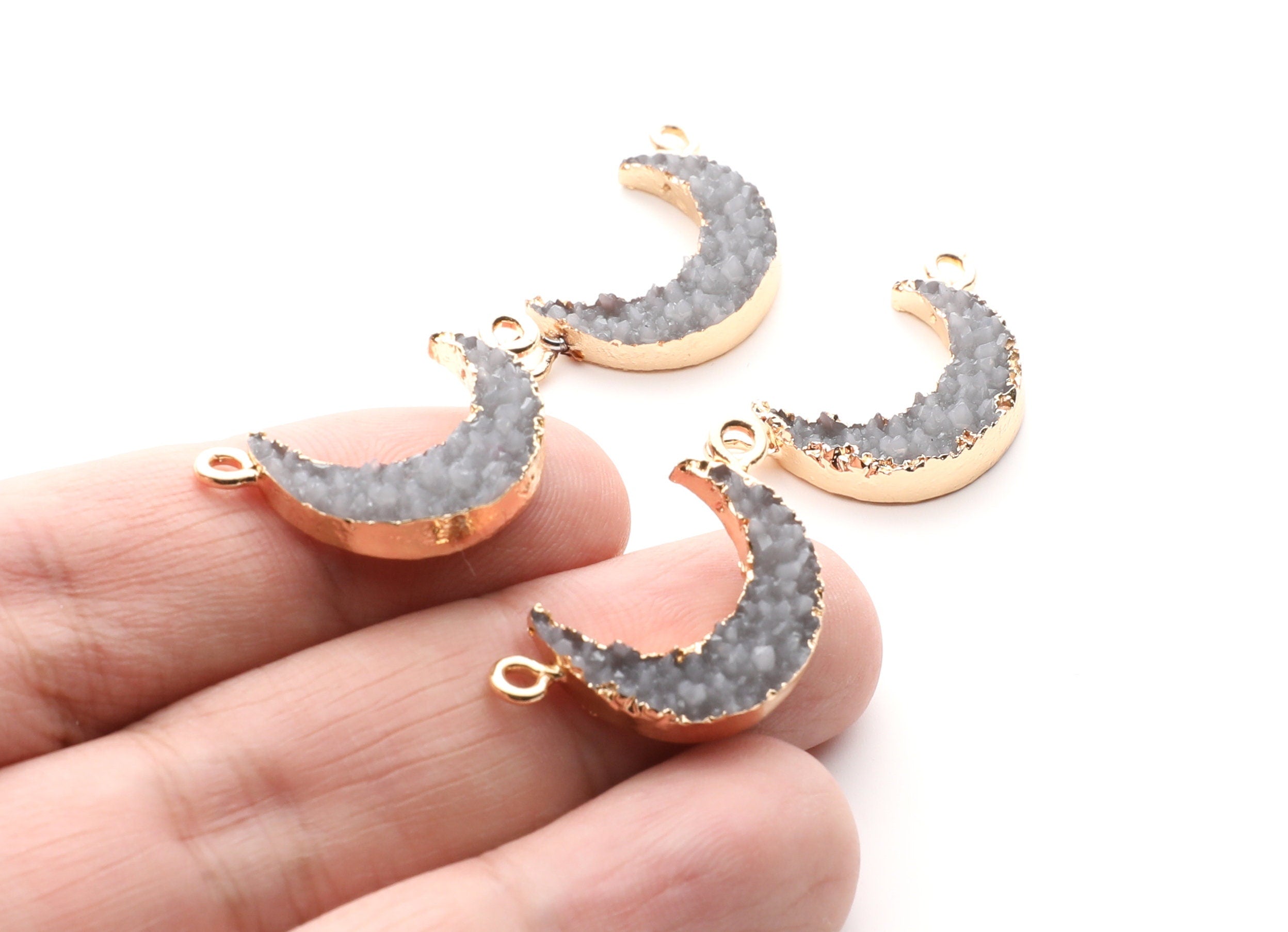 Druzy Bracelet and Necklace Charms - Gray Resin Copper Bracelet and Necklace - Moon Shaped Pendant - 26.5x15.5x4.77mm - RC1005F - DOMEDBAZAAR