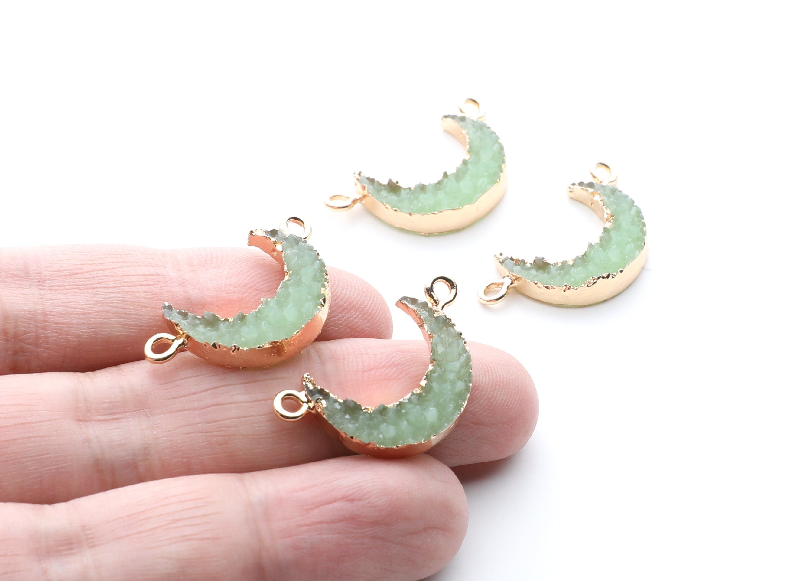 Druzy Bracelet and Necklace Charms - Light Green Resin Copper Bracelet and Necklace - Moon Shaped Pendant - 26.5x15.5x4.77mm - RC1005L - DOMEDBAZAAR