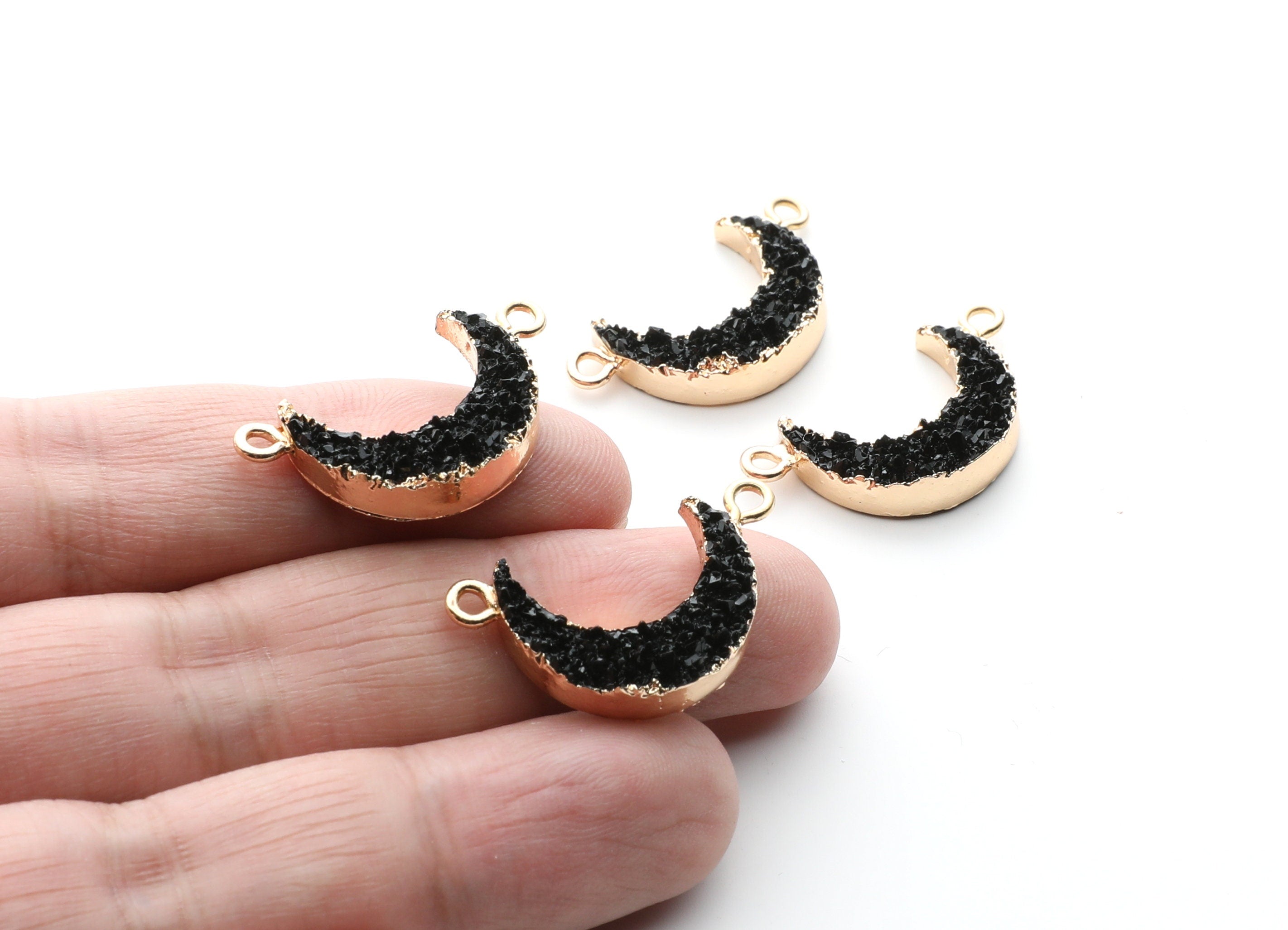 Druzy Bracelet and Necklace Charms - Black Resin Copper Bracelet and Necklace - Moon Shaped Pendant - 26.5x15.5x4.77mm - RC1005O - DOMEDBAZAAR