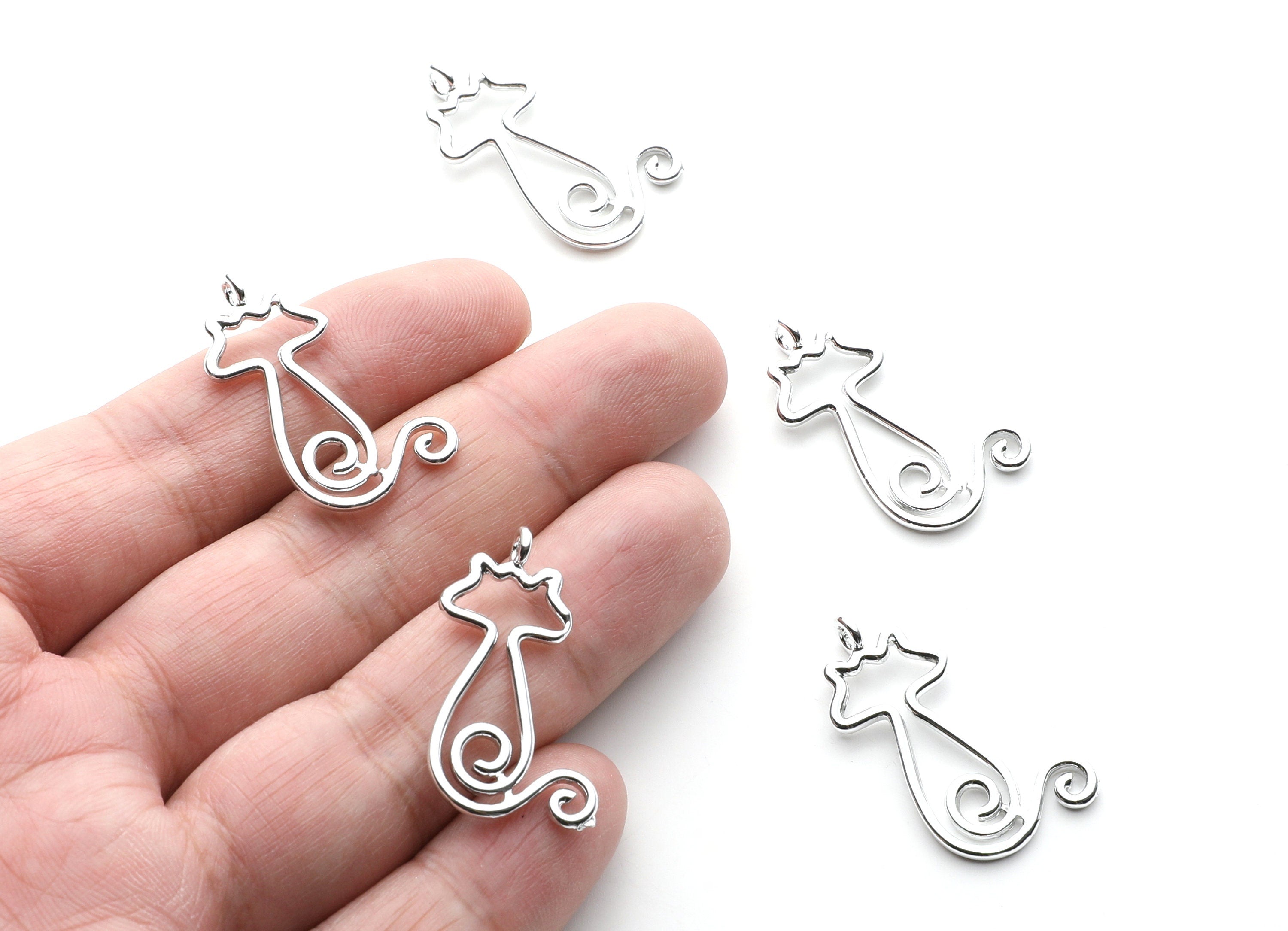 Cat Shaped Charms- Zinc Alloy Earring Findings - Nickel / Silver Tone - Alloy Pendant for Necklace - 30.8x17x1.8mm - ZZ1257N - DOMEDBAZAAR