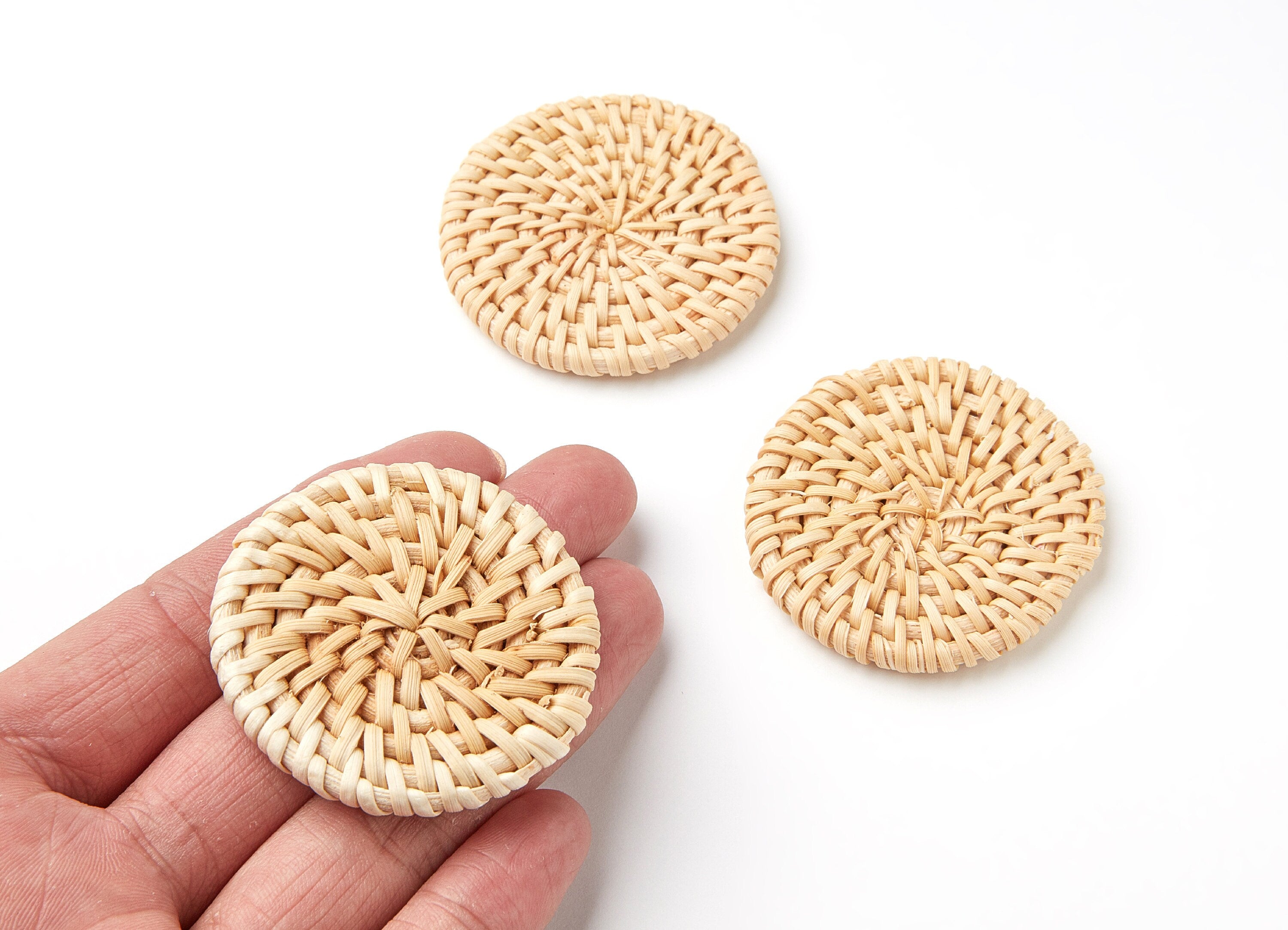 Handwoven Rattan Earrings - Coin Shaped Rattan Pendant - Wooden Straw Earring - Jewelery Handmade - 50.1x50.1x6.27mm - RT1022 - DOMEDBAZAAR
