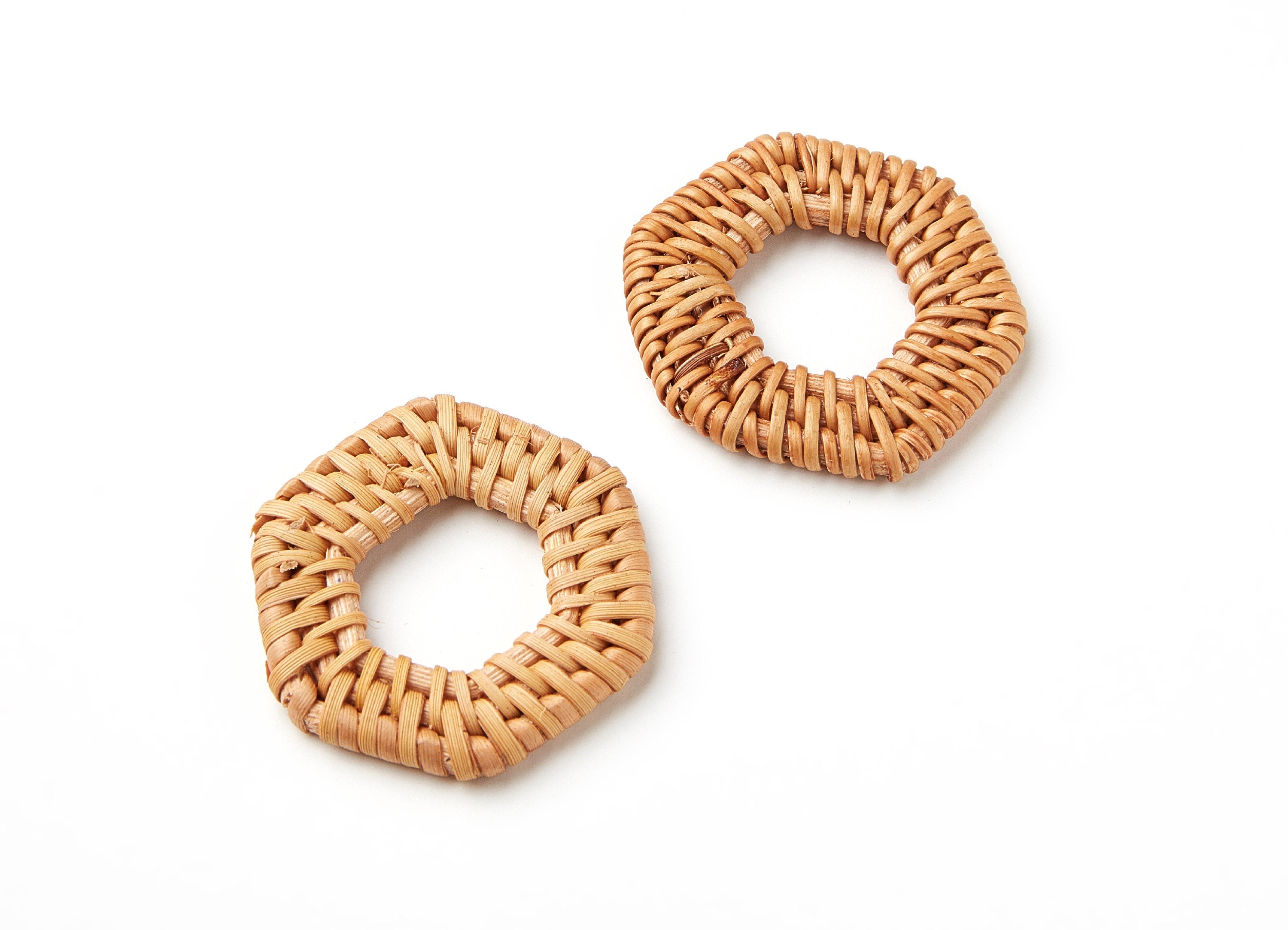 Handwoven Rattan Earrings - Hexagon Shaped Rattan Pendant - Wooden Straw Earring - Jewelery Handmade - 41.15x37.95x4.69mm - RT1015 - DOMEDBAZAAR