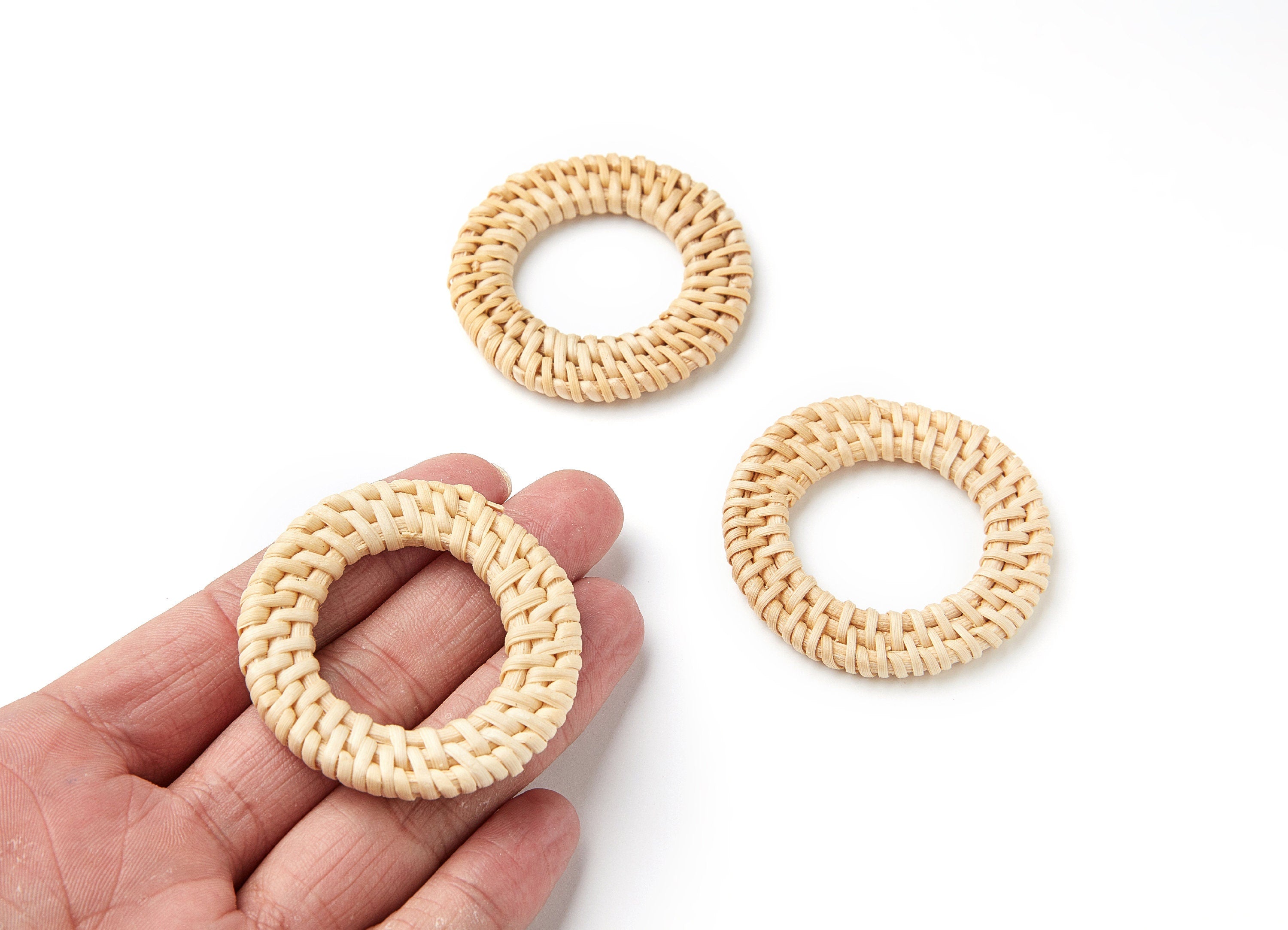 Handwoven Rattan Earrings - Round Shaped Rattan Pendant - Wooden Straw Earring - Jewelery Handmade - 52.5x52.5x4.95mm - RT1041 - DOMEDBAZAAR