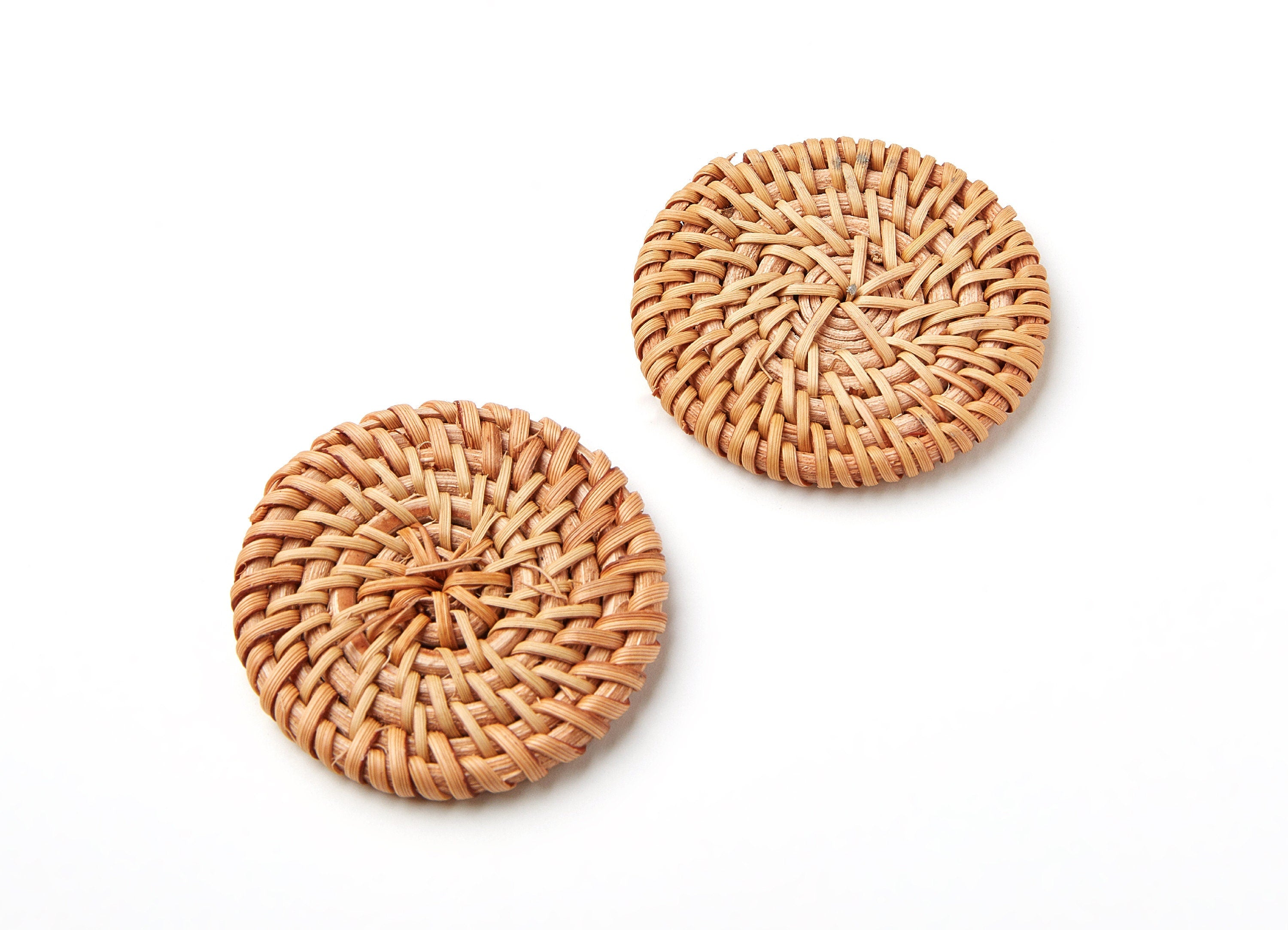 Handwoven Rattan Earrings - Coin Shaped Rattan Pendant - Wooden Straw Earring - Jewelery Handmade - 50.8x50.8x5.25mm - RT1052 - DOMEDBAZAAR