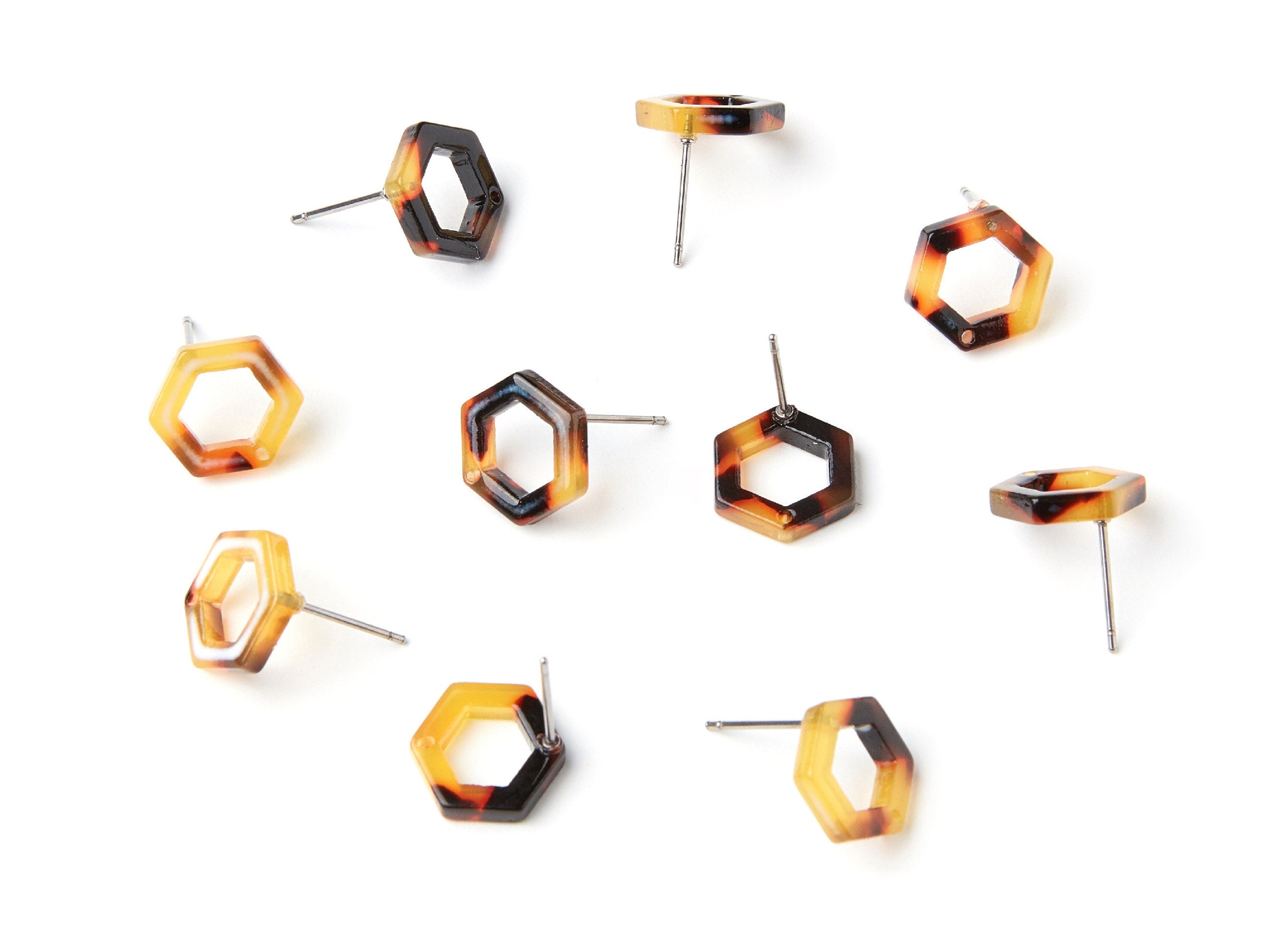 Acetate Acrylic Earring Stud - Tortoise Shell Earring - Hexagon Post - Jewelry Making Supplies - Color Code: A02 - 13.18x11.4x2.6mm- AC1226C - DOMEDBAZAAR