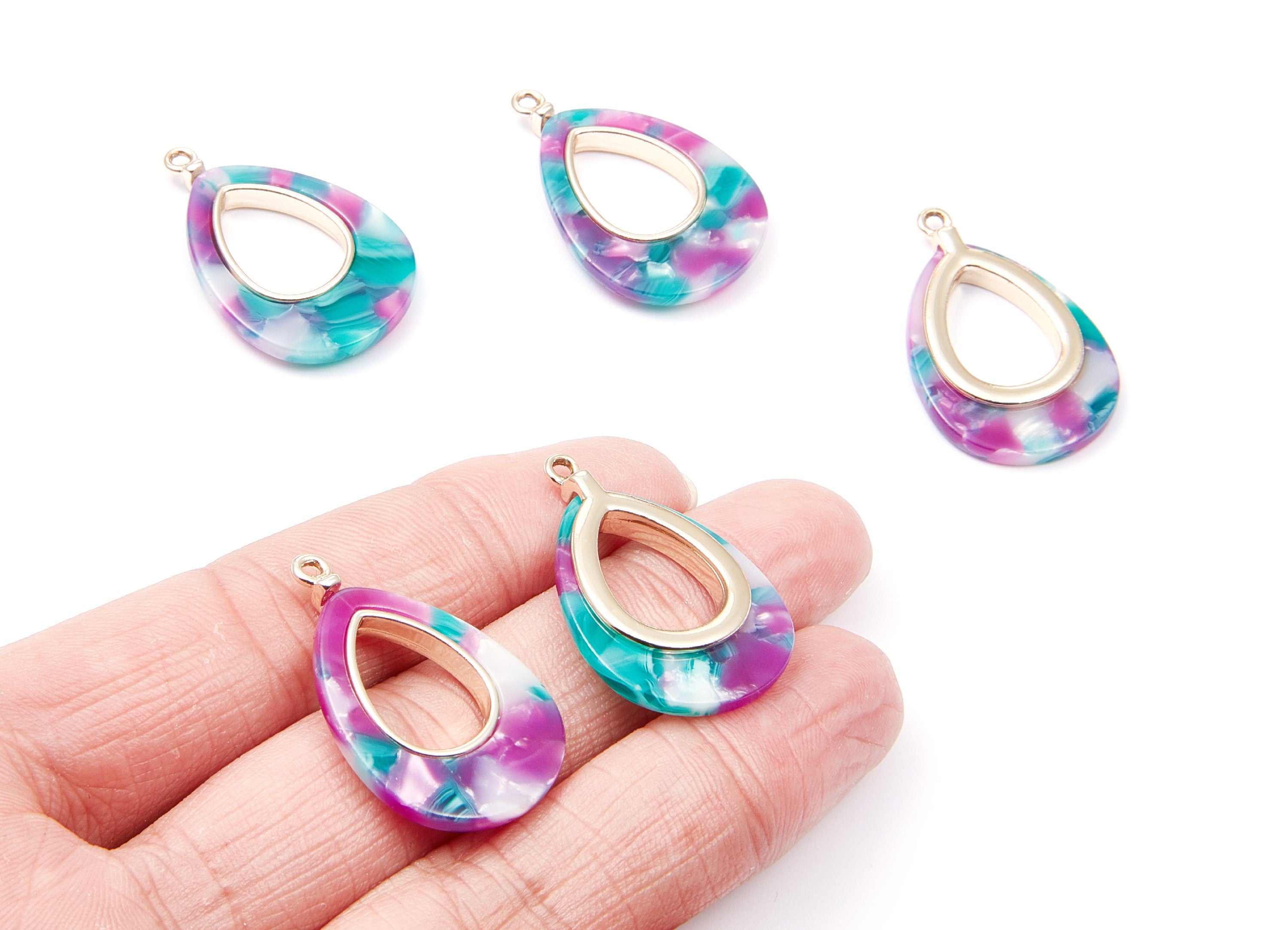 Alloy Frame Cellulose Acetate Charms - Acetate Acrylic Earring Charms - Marquise Shaped Pendant - 33.1x21.39x3.8mm - AC1182C - DOMEDBAZAAR