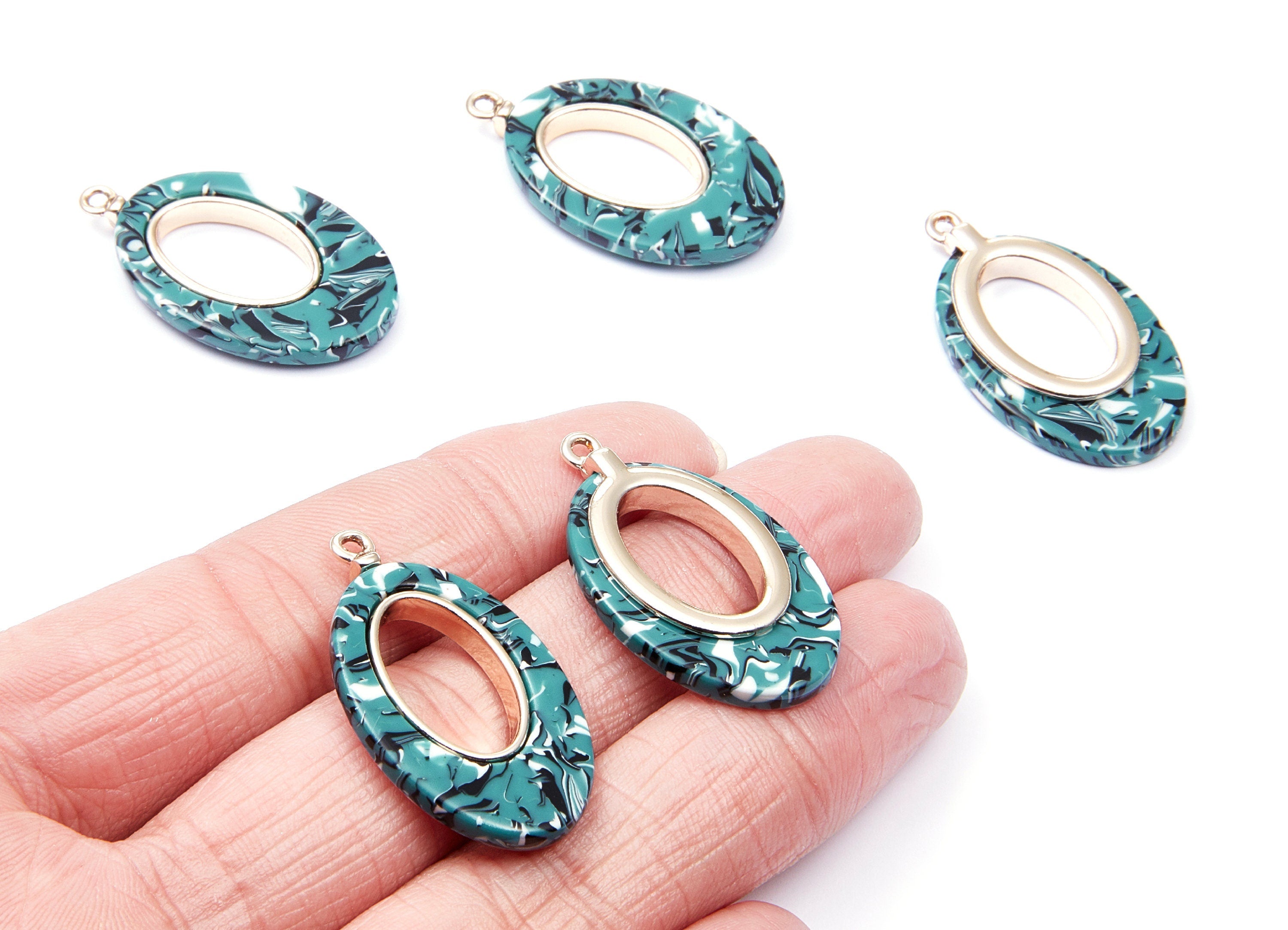 Alloy Frame Cellulose Acetate Charms - Acetate Acrylic Earring Charms - Marquise Shaped Pendant - 34.54x19.86x4.08mm - AC1183B - DOMEDBAZAAR