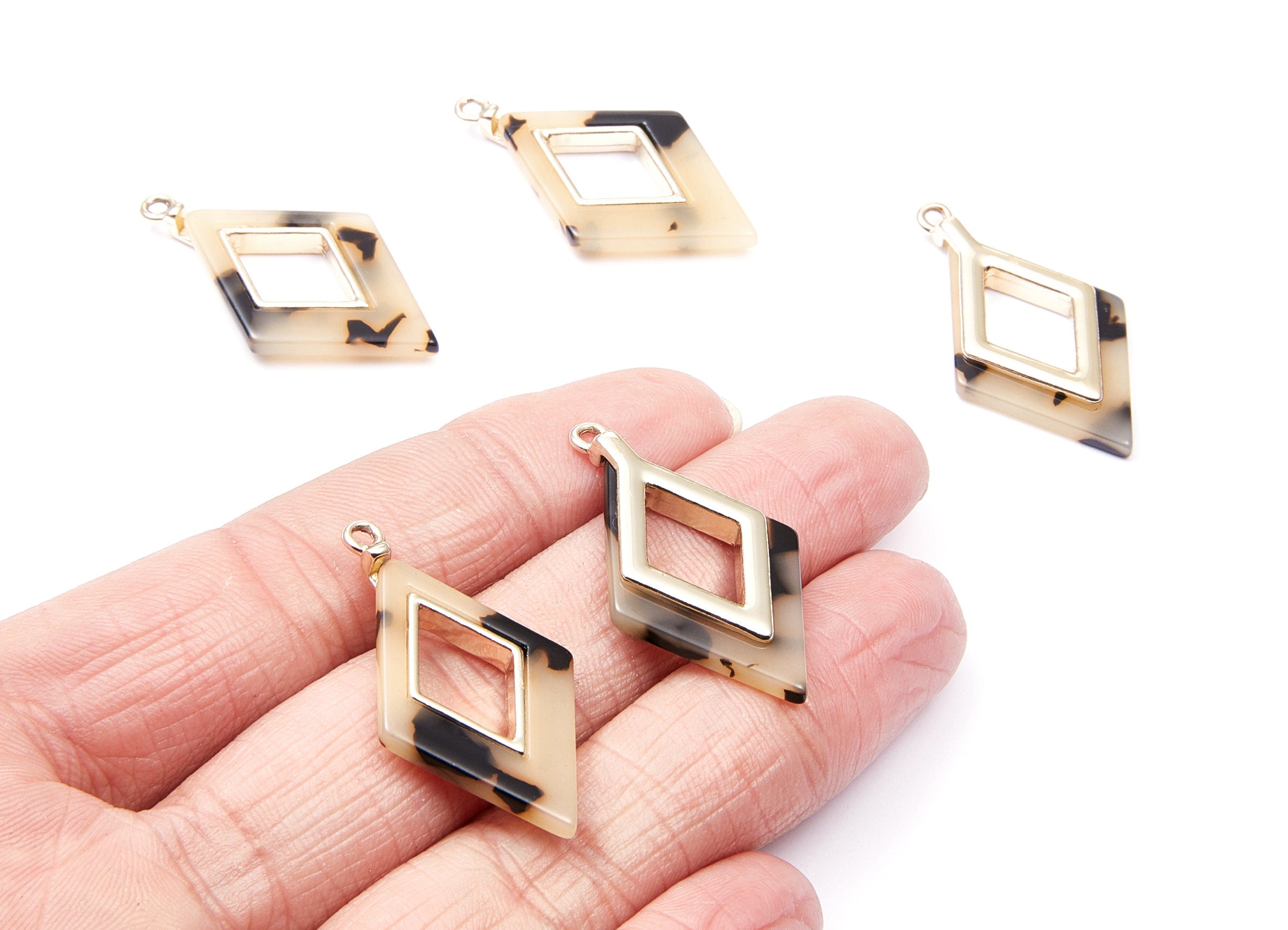 Alloy Frame Cellulose Acetate Charms - Acetate Acrylic Earring Charm - Rhombus Pendant -Jewelery Making- 36.04x20.1x4.1mm - AC1185B - DOMEDBAZAAR