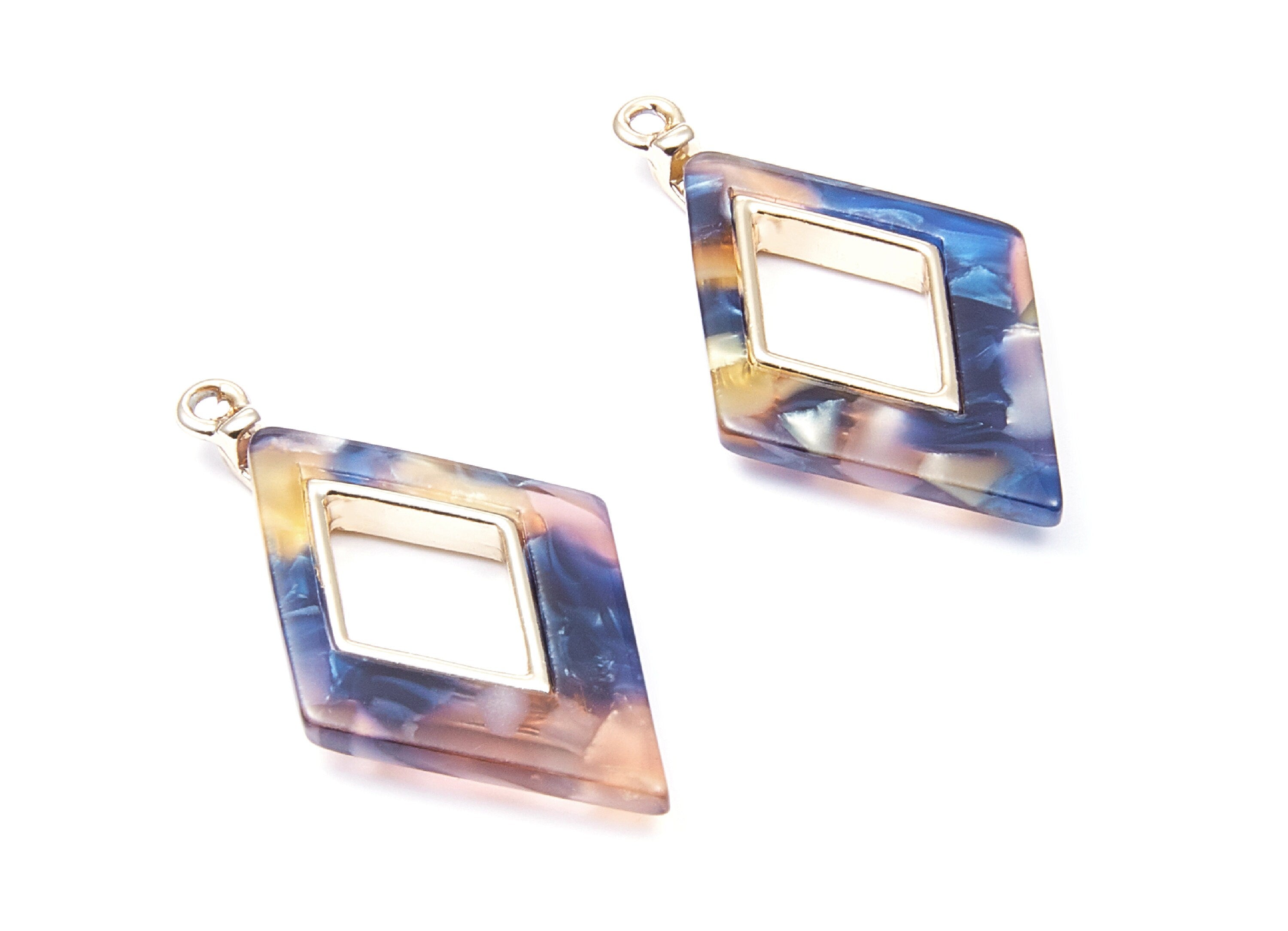 Alloy Frame Cellulose Acetate Charms - Acetate Acrylic Earring Charm - Rhombus Pendant -Jewelery Making- 36.04x20.1x4.1mm - AC1185E - DOMEDBAZAAR