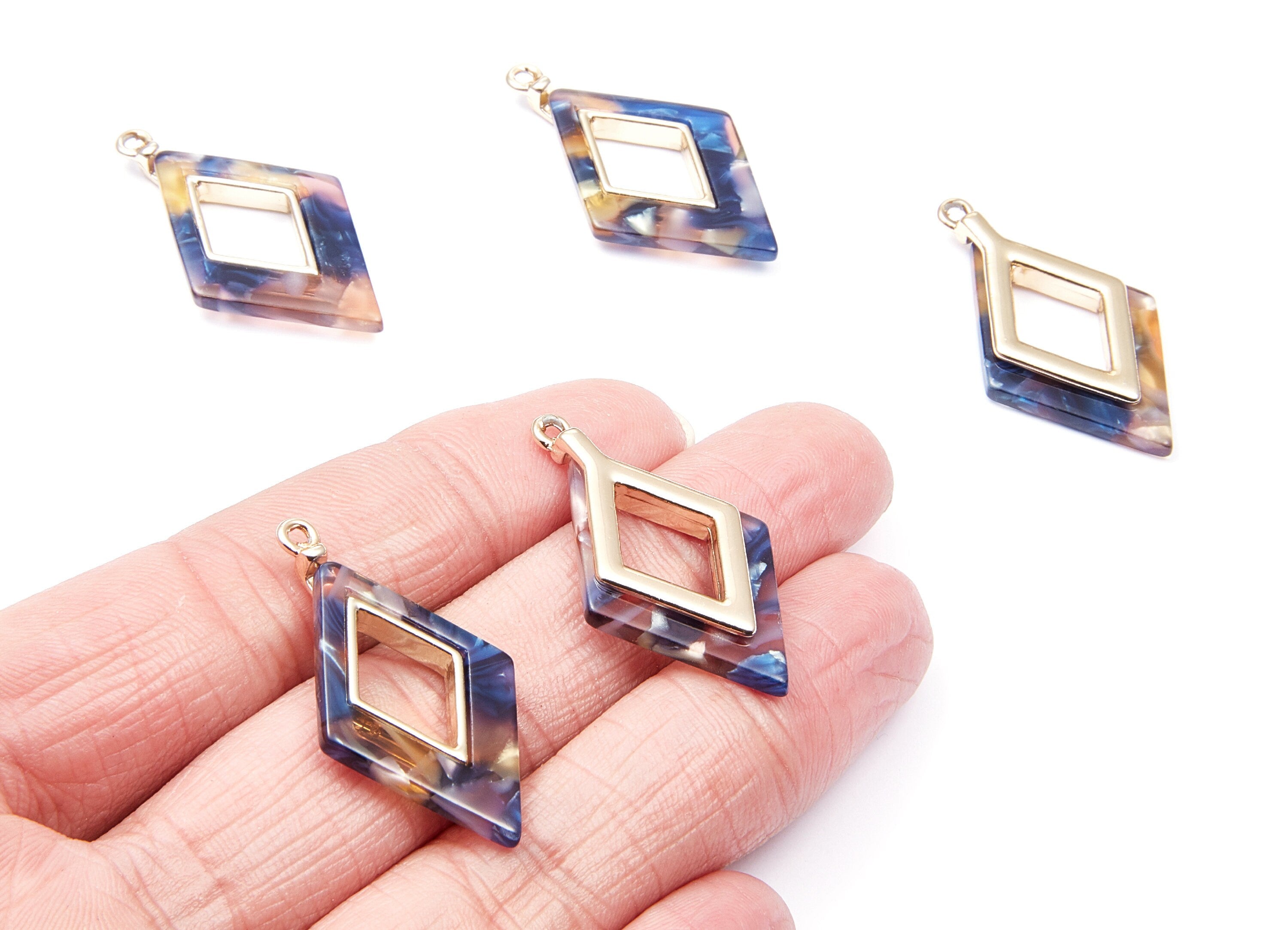 Alloy Frame Cellulose Acetate Charms - Acetate Acrylic Earring Charm - Rhombus Pendant -Jewelery Making- 36.04x20.1x4.1mm - AC1185E - DOMEDBAZAAR