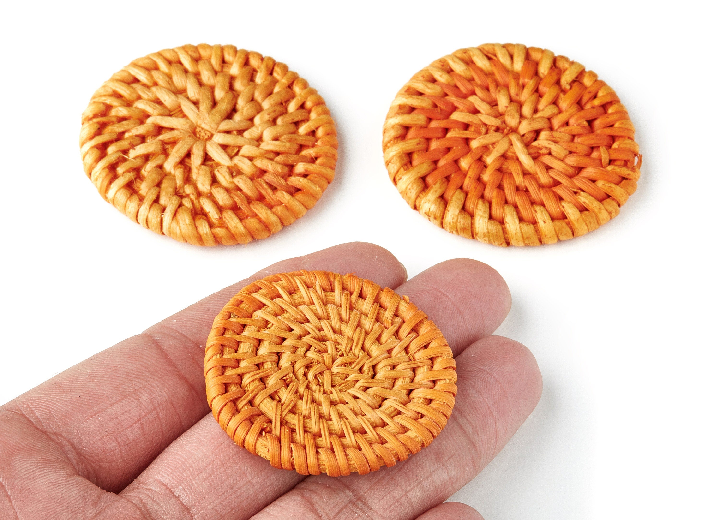 Handwoven Rattan Earrings - Coin Shaped Rattan Pendant - Wooden Straw Earring - Jewelery Handmade - 46.3x46.3x5.7mm - RT1107 - DOMEDBAZAAR