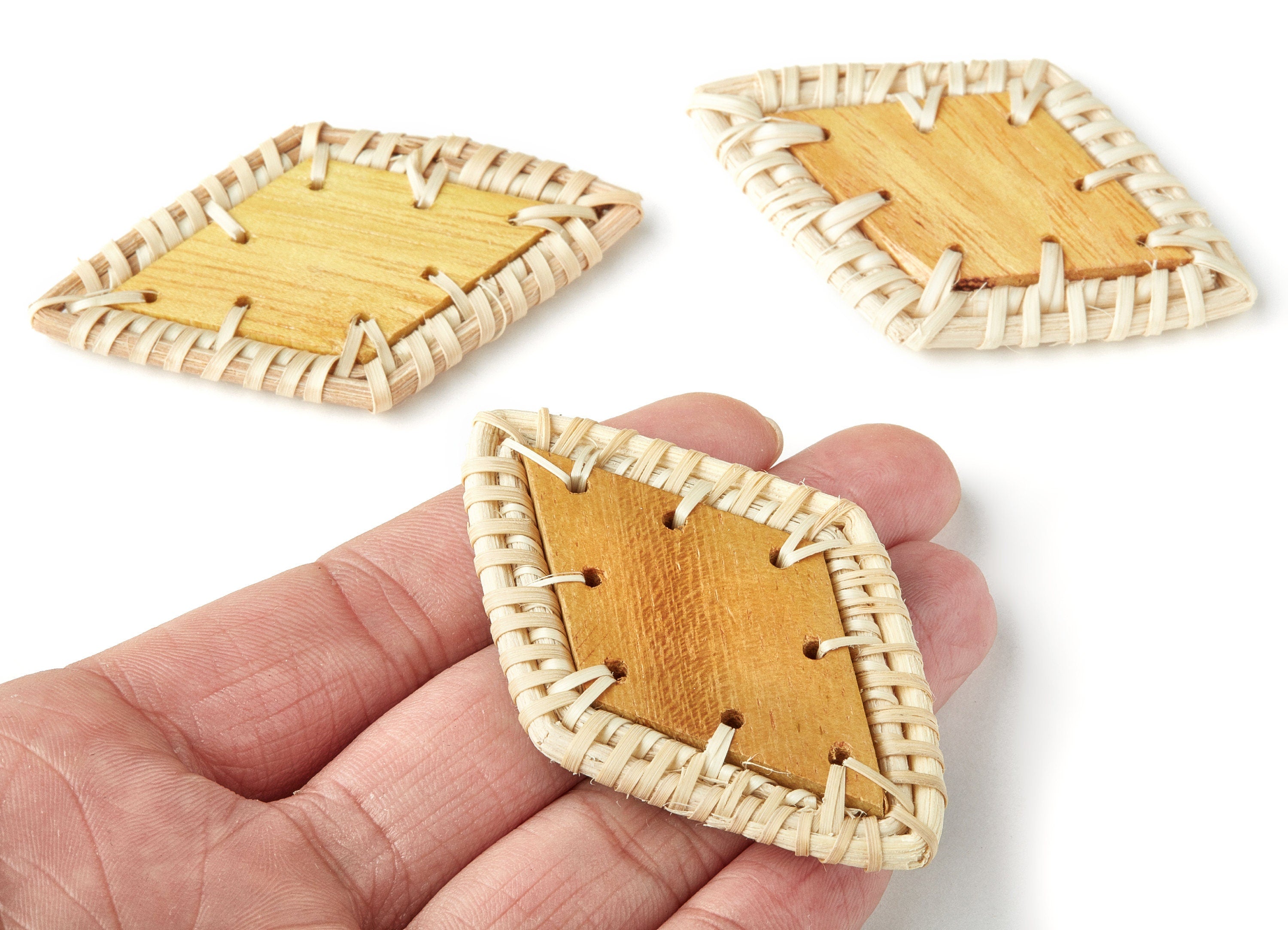 Handwoven Rattan Earrings - Rhombus Shaped Rattan Pendant - Wooden Straw Earring - Jewelery Handmade - 69.6x42.5x5.3mm - RT1149 - DOMEDBAZAAR