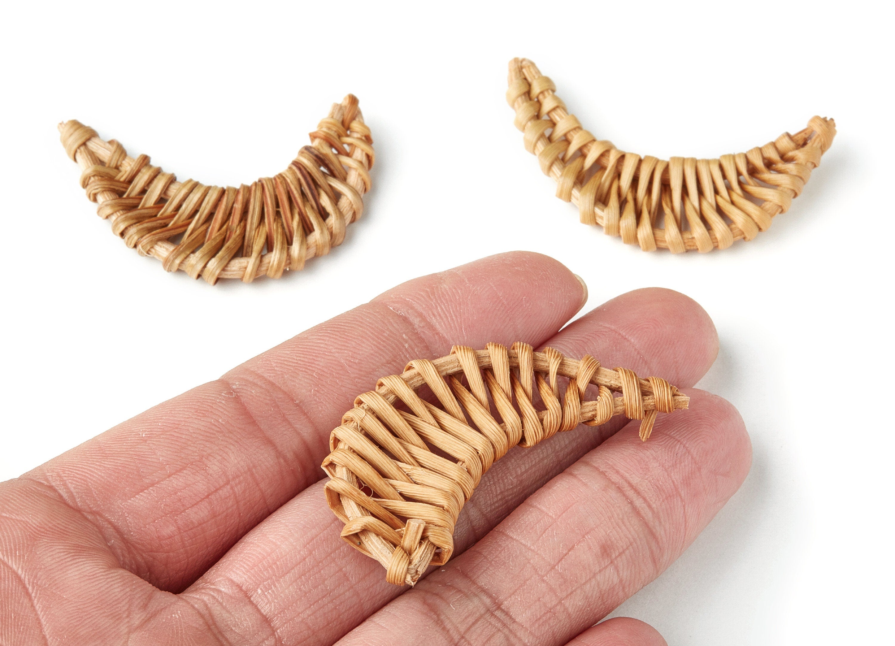 Handwoven Rattan Earrings - Moon Shaped Rattan Pendant - Wooden Straw Earring - Jewelery Handmade - 45.6x15.4mm - RT1124 - DOMEDBAZAAR