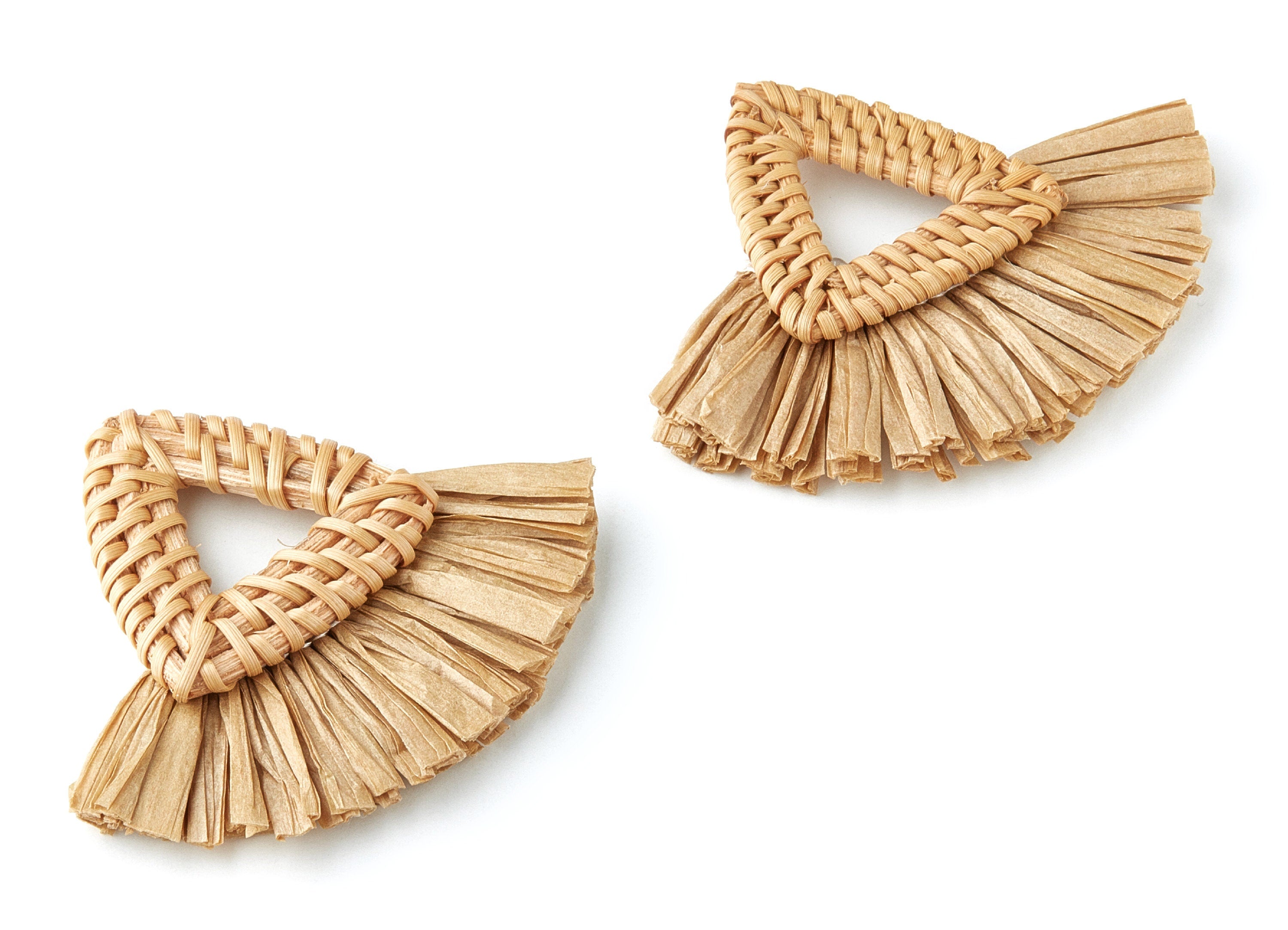 Handwoven Rattan with Raffia Tassels Charms - Triangle Shaped Rattan Pendant - Wooden Straw Earring - 58.4x70.4x6mm- RT1158 - DOMEDBAZAAR