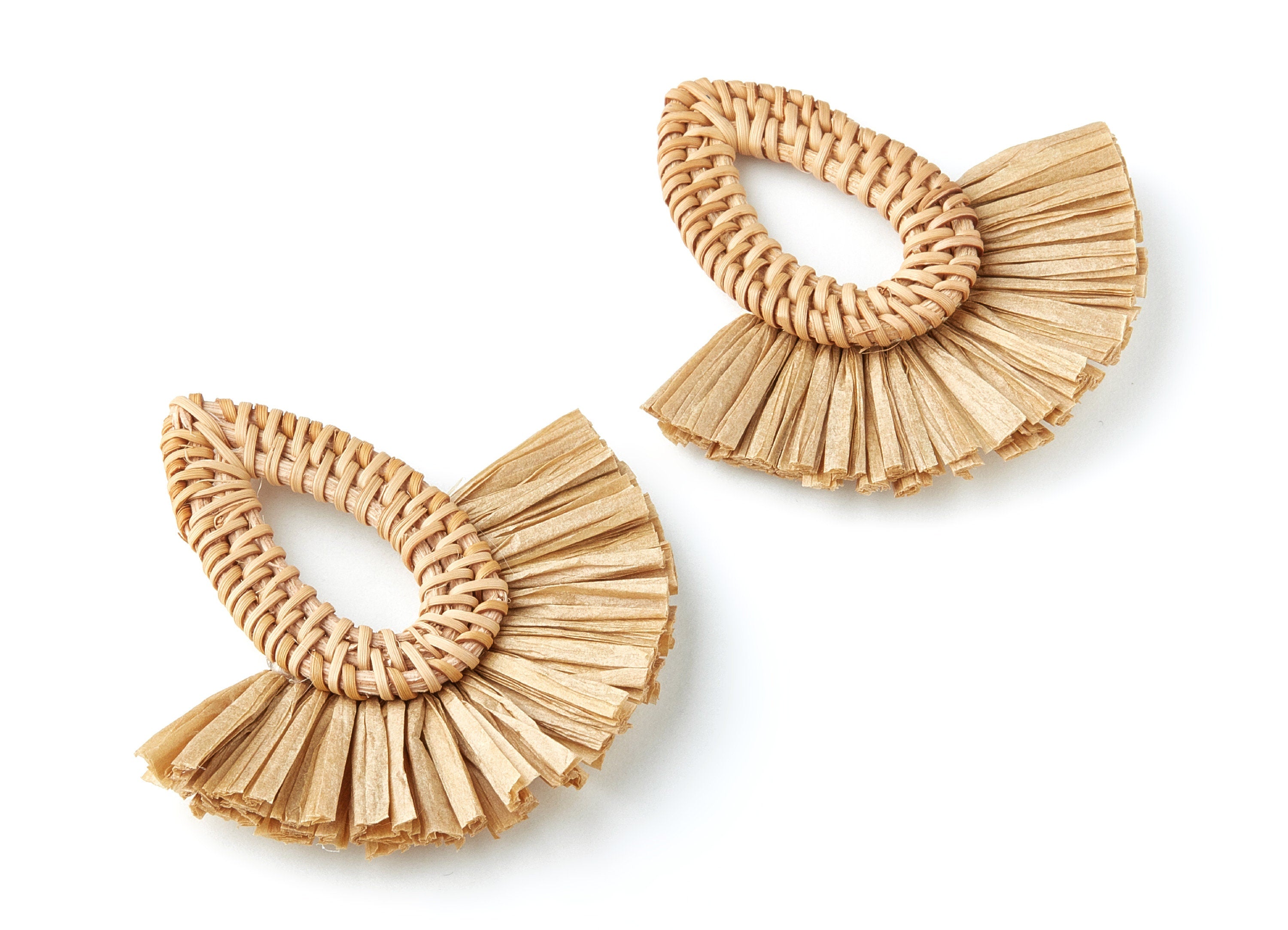 Handwoven Rattan with Raffia Tassels Charms - Water Drop Shape Rattan Pendant - Wooden Straw Earring - 68.8x74.4x6mm - RT1160 - DOMEDBAZAAR