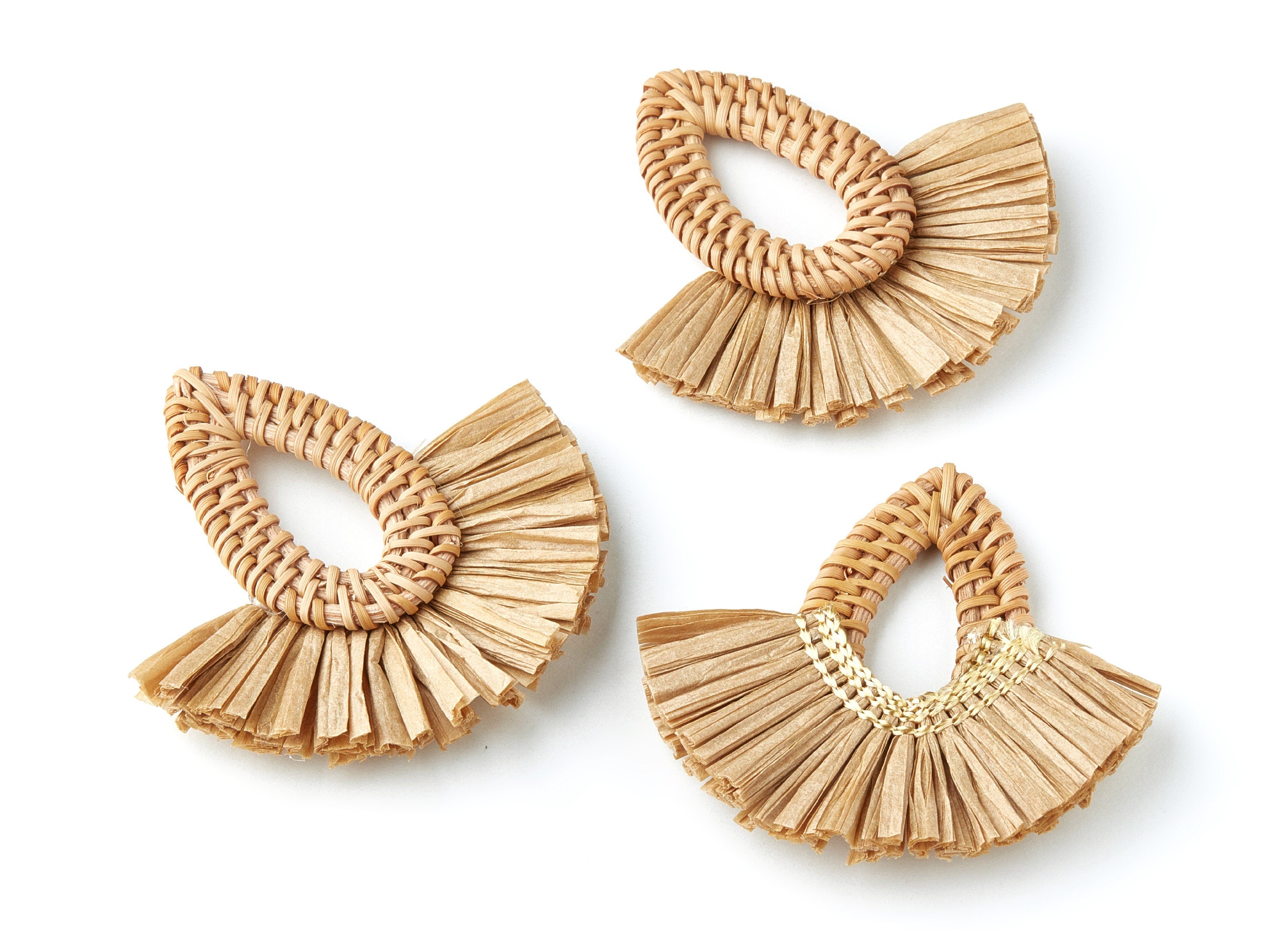 Handwoven Rattan with Raffia Tassels Charms - Water Drop Shape Rattan Pendant - Wooden Straw Earring - 68.8x74.4x6mm - RT1160 - DOMEDBAZAAR