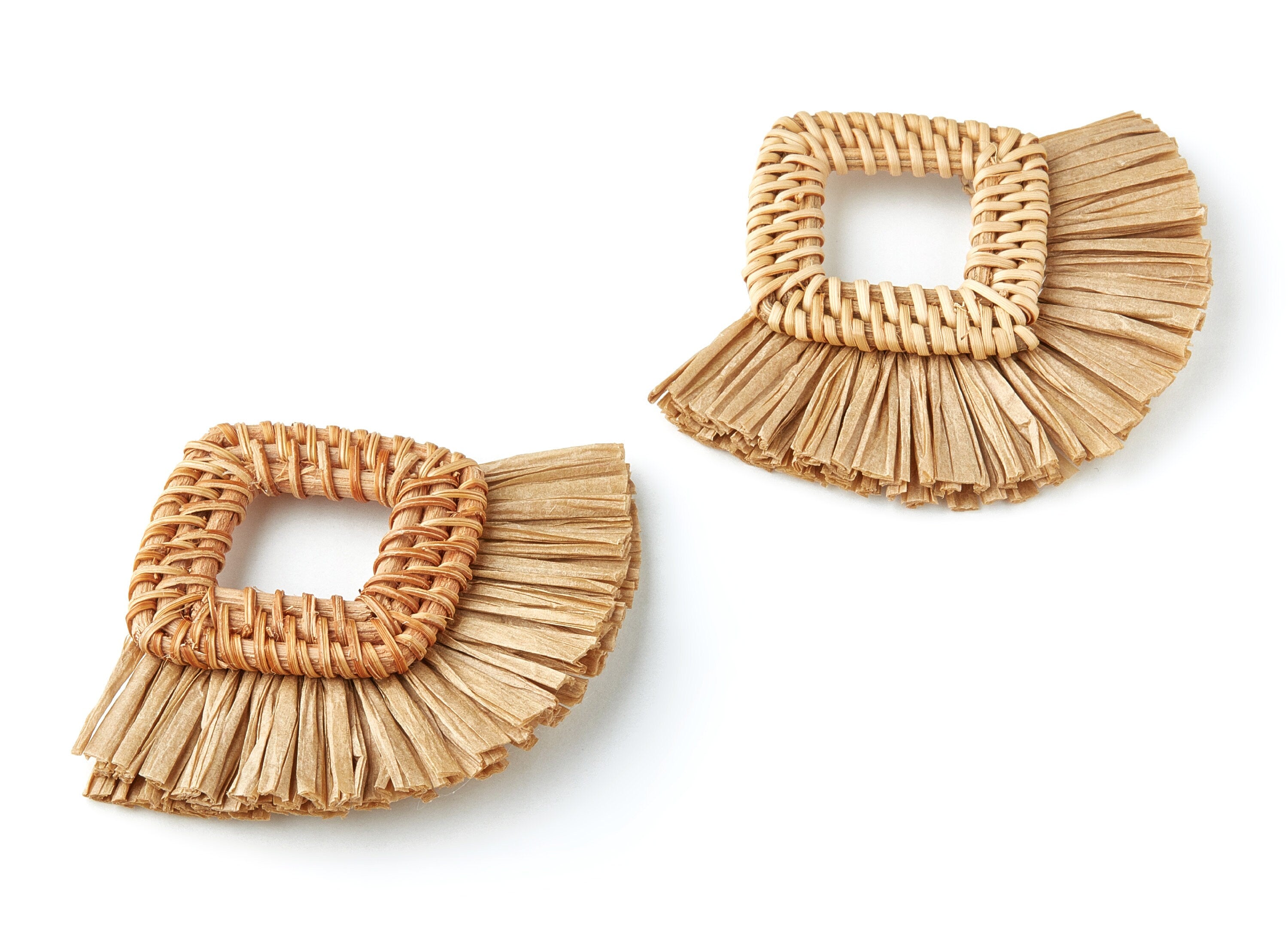 Handwoven Rattan with Raffia Tassels Charms - Square Shaped Rattan Pendant With Straw - Wooden Straw Earring - 66.4x67.7x6mm - RT1162 - DOMEDBAZAAR
